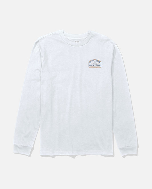 Salty Crew Gear Shop Long Sleeve Tee - White: This soft, combed ringspun cotton shirt features long sleeves and a small, rectangular screenprinted logo with text and a wave graphic on the left chest. Laid flat on a plain white background.