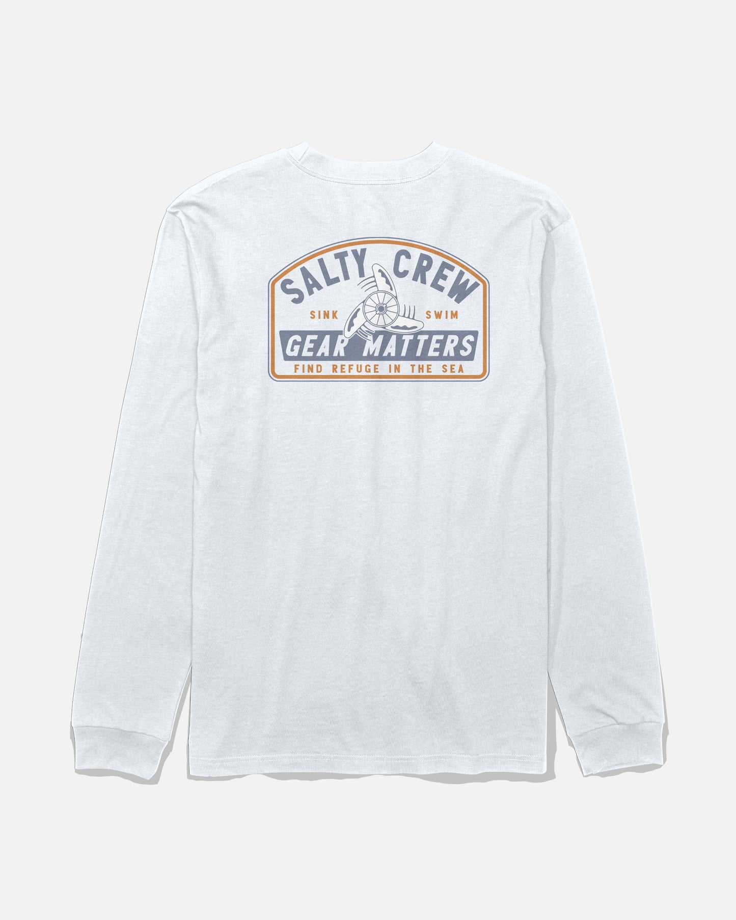 The Salty Crew Gear Shop Long Sleeve Tee in white is made from soft, combed ringspun cotton and features a large screenprinted back graphic with the text “Salty Crew Gear Matters. Sink Swim. Find Refuge in the Sea” alongside a ship’s wheel illustration for lasting quality.