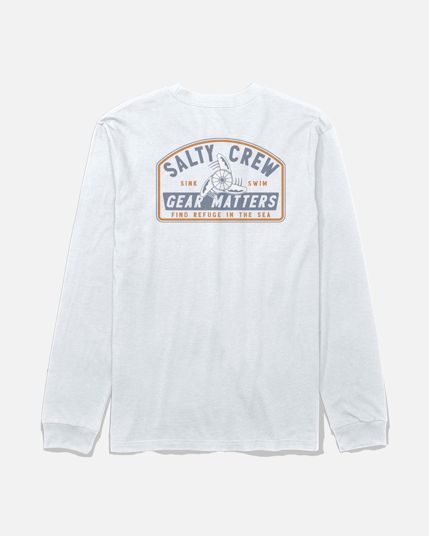 The Salty Crew Gear Shop Long Sleeve Tee in white is made from soft, combed ringspun cotton and features a large screenprinted back graphic with the text “Salty Crew Gear Matters. Sink Swim. Find Refuge in the Sea” alongside a ship’s wheel illustration for lasting quality.