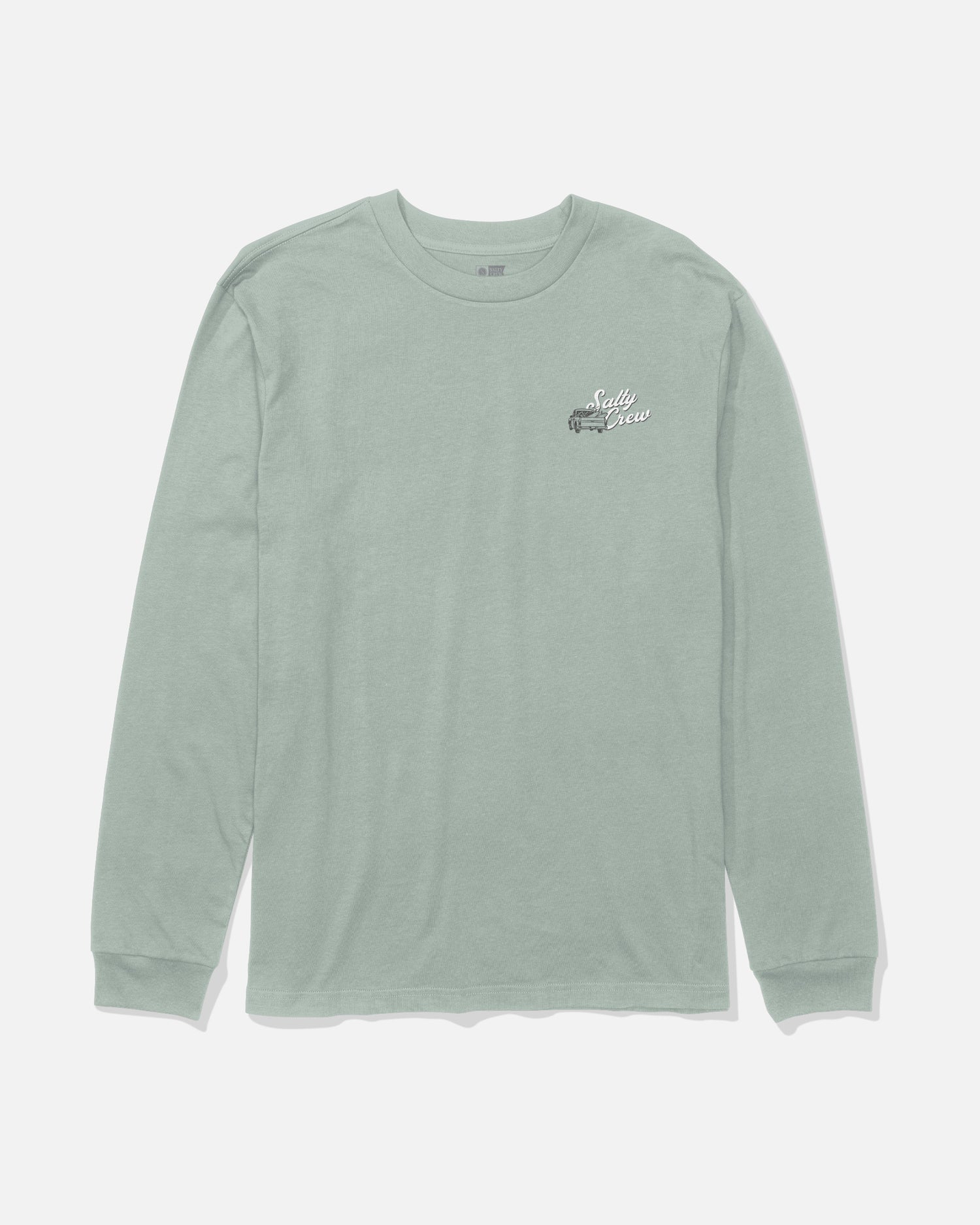 Aqua grey long-sleeve cotton t-shirt by Salty Crew displayed flat, featuring a small white and black screenprinted graphic and “Salty Crew” text on the left chest area. Product name: Truck Bed Long Sleeve Tee.