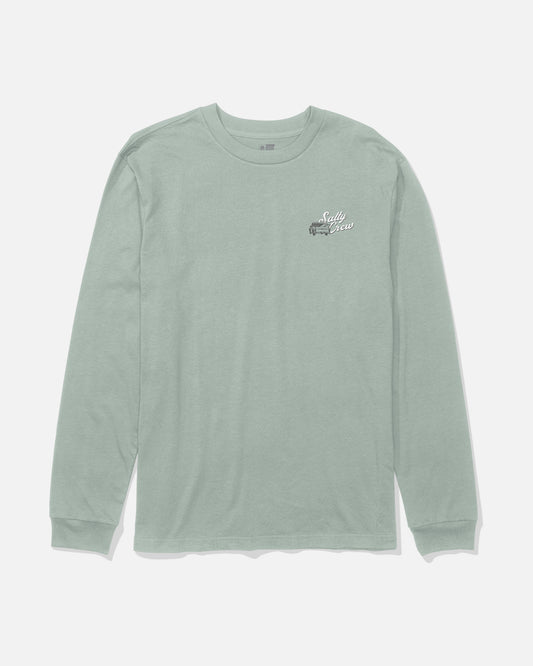 Aqua grey long-sleeve cotton t-shirt by Salty Crew displayed flat, featuring a small white and black screenprinted graphic and “Salty Crew” text on the left chest area. Product name: Truck Bed Long Sleeve Tee.