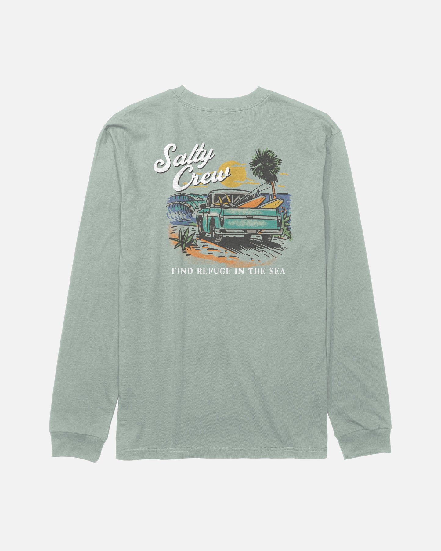 Aqua grey long-sleeve combed ringspun cotton t-shirt by Salty Crew, featuring a screenprinted beach scene with a truck, surfboards, palm tree, and ocean, plus “Find Refuge In The Sea” text below. Product name: Truck Bed Long Sleeve Tee.