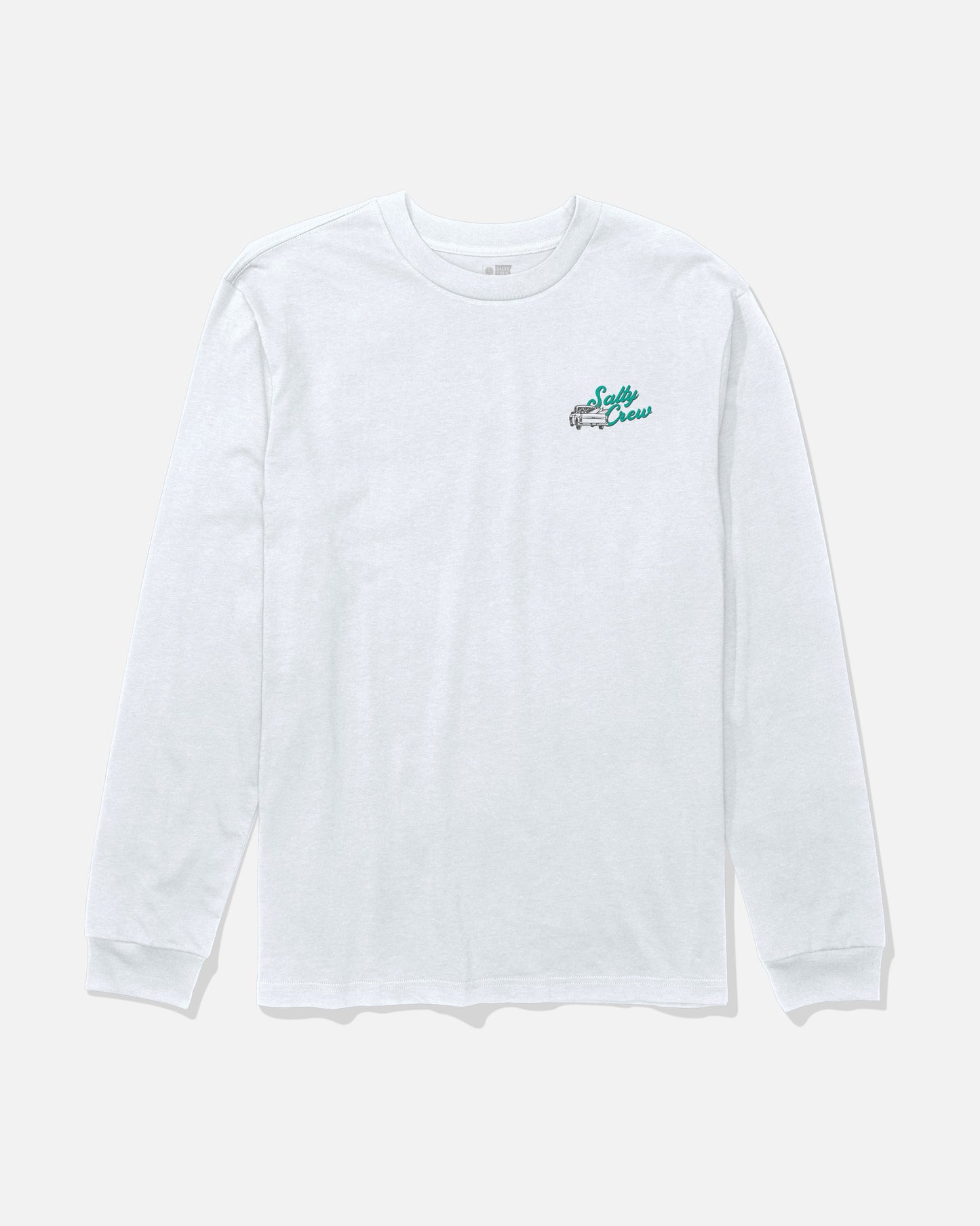 The Salty Crew Truck Bed Long Sleeve Tee in white features a small green and black screenprinted logo on the upper left chest, and is shown against a light gray background.