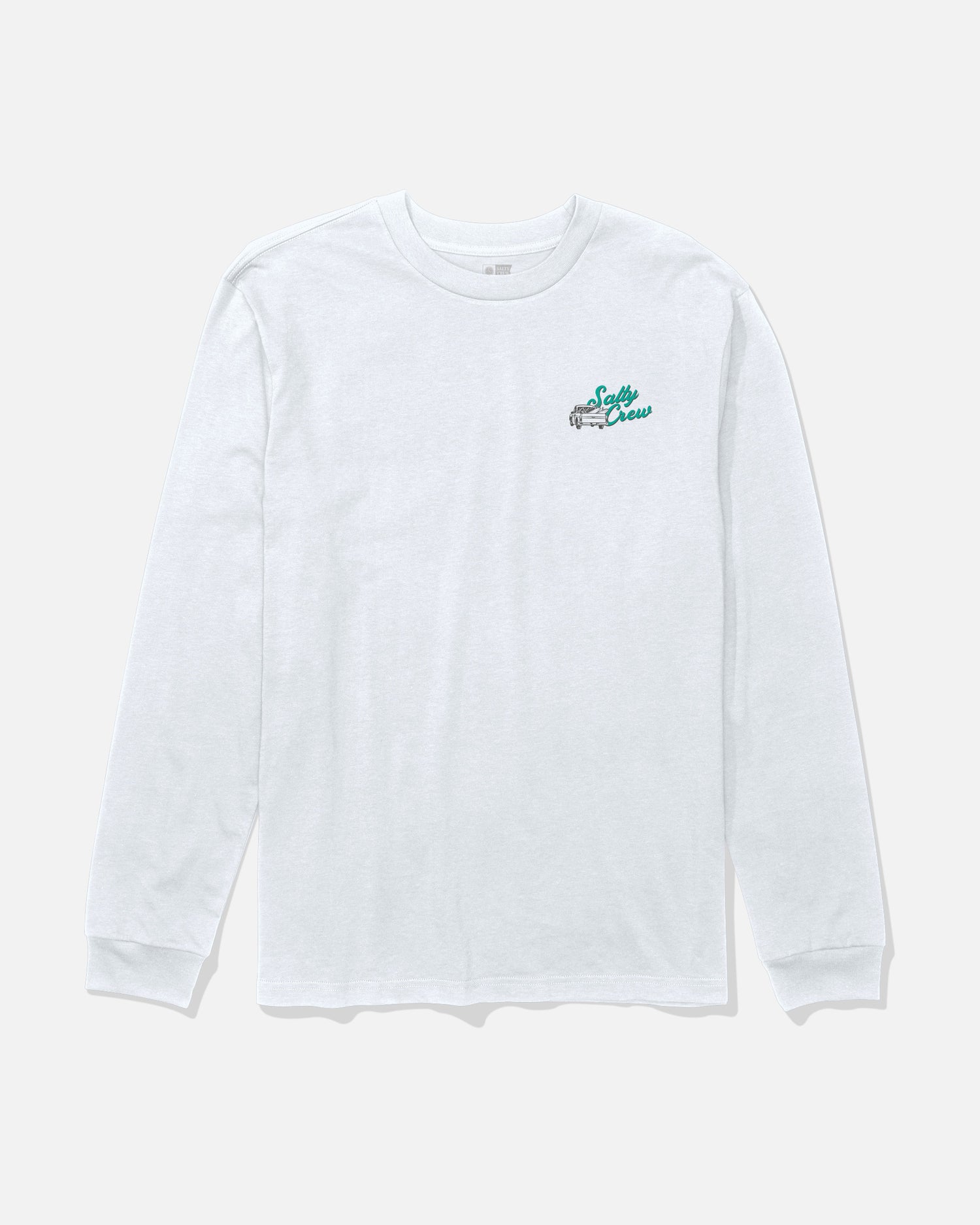 The Salty Crew Truck Bed Long Sleeve Tee in white features a small green and black screenprinted logo on the upper left chest, and is shown against a light gray background.