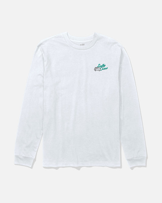 The Salty Crew Truck Bed Long Sleeve Tee in white features a small green and black screenprinted logo on the upper left chest, and is shown against a light gray background.