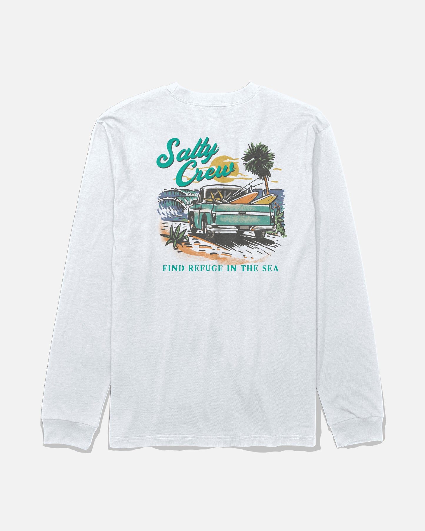 The Salty Crew Truck Bed Long Sleeve Tee in white is a cotton t-shirt featuring a screenprinted graphic on the back with a green truck, surfboards, palm trees, ocean waves, and the text “Salty Crew” and “Find Refuge in the Sea.”.