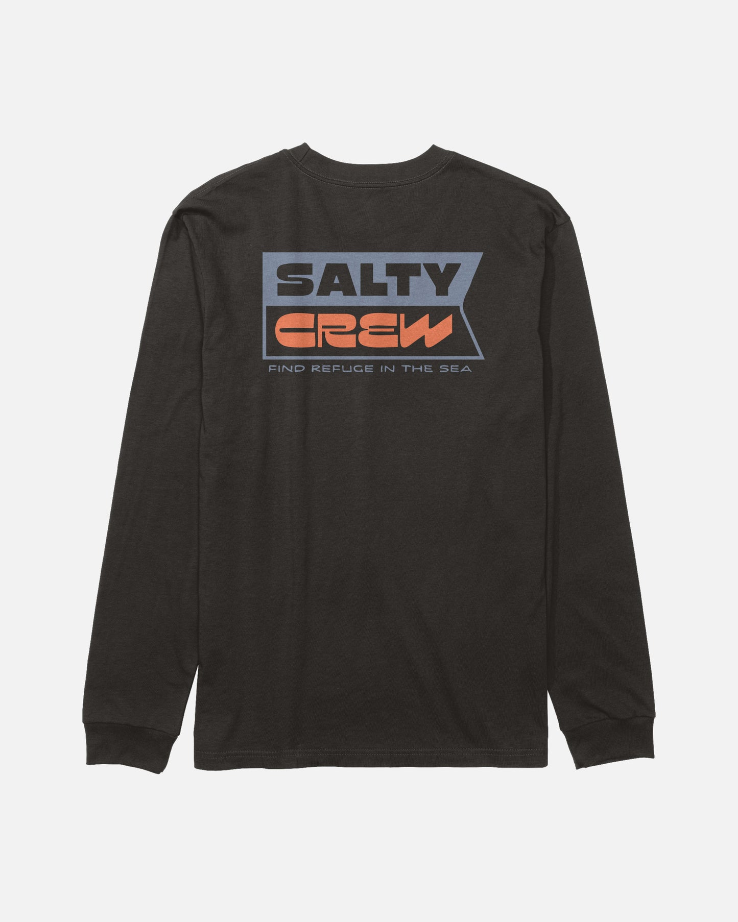 The Inverse Flag Boys Long Sleeve Tee by Salty Crew is a black shirt crafted from soft combed ringspun cotton. It features bold gray and orange screenprinted graphics, with “SALTY CREW” in large letters on the back and “FIND REFUGE IN THE SEA” written underneath.