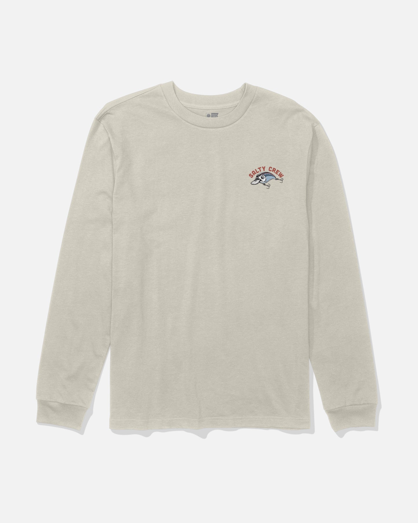 The Catch Me Boys Long Sleeve Tee in Bone by Salty Crew features a light beige color and a small screenprinted Salty Crew logo with a fish graphic on the left chest. Crafted from soft combed ringspun cotton, this long-sleeve t-shirt is shown laid flat on a white background.