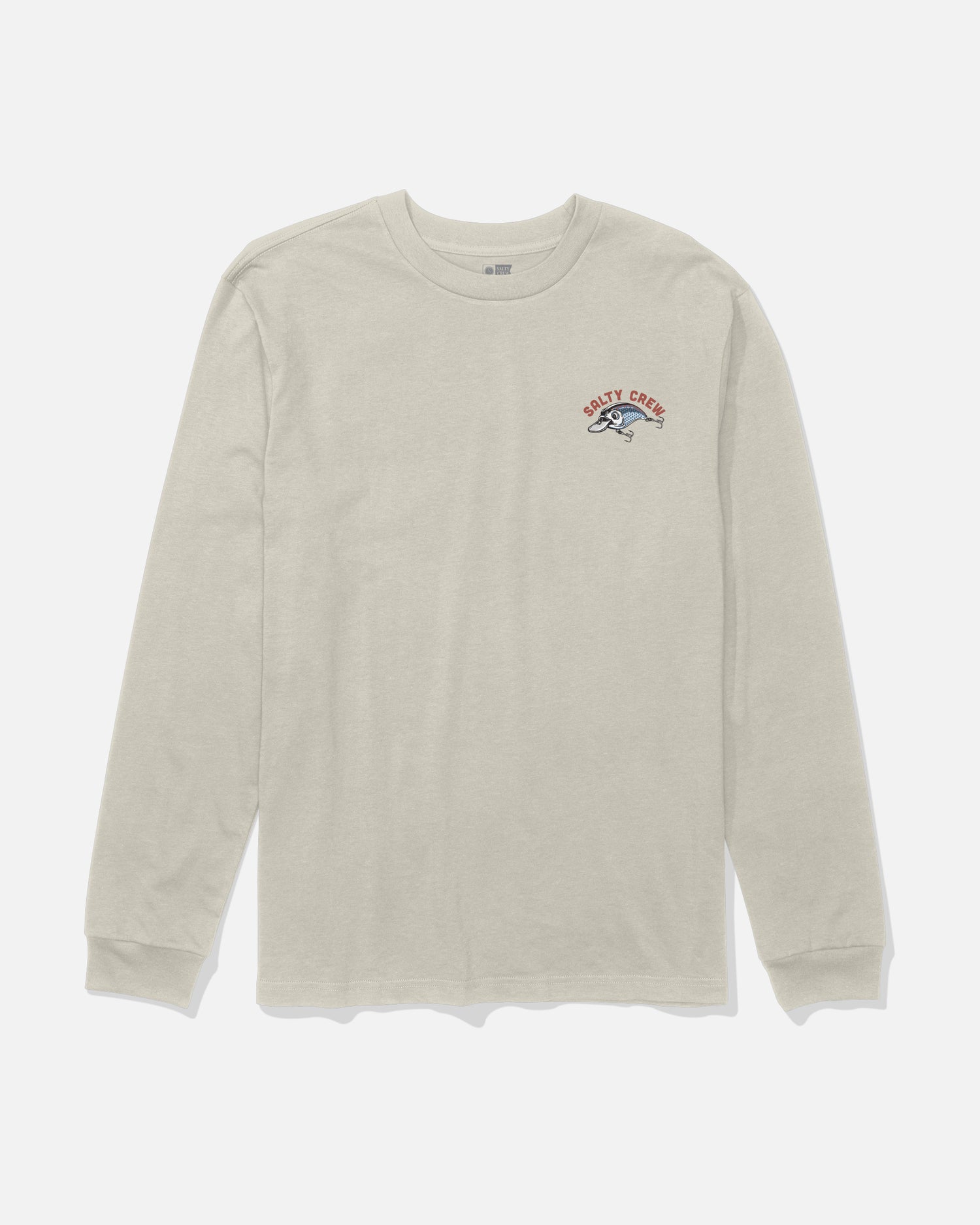 The Catch Me Boys Long Sleeve Tee in Bone by Salty Crew features a light beige color and a small screenprinted Salty Crew logo with a fish graphic on the left chest. Crafted from soft combed ringspun cotton, this long-sleeve t-shirt is shown laid flat on a white background.