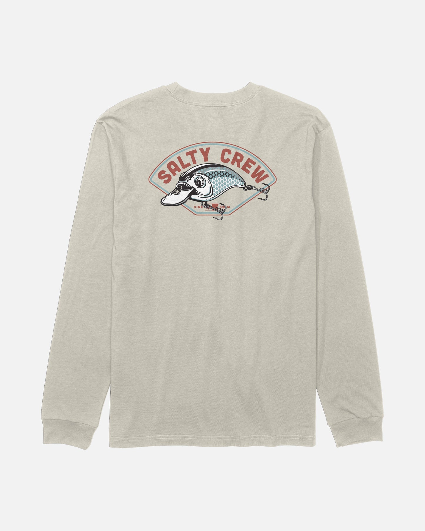 The Salty Crew Catch Me Boys Long Sleeve Tee in Bone features a soft, combed ringspun cotton construction for all-day comfort, with a Salty Crew logo and a screenprinted fish graphic on the back.