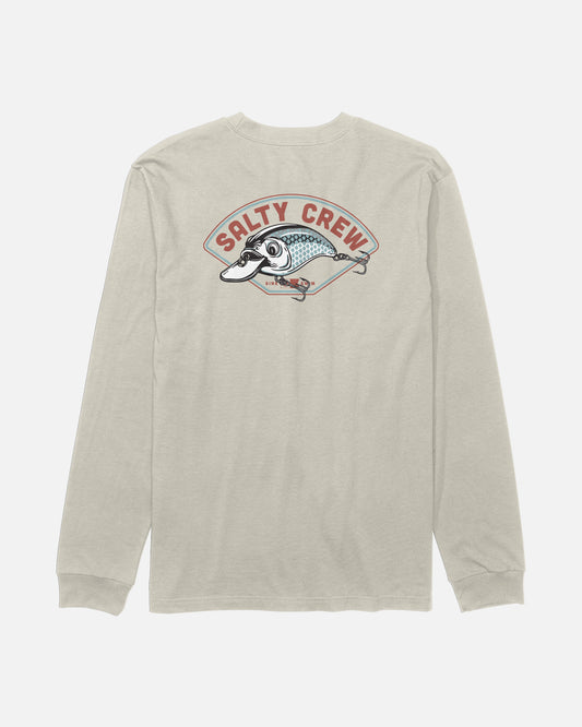 The Salty Crew Catch Me Boys Long Sleeve Tee in Bone features a soft, combed ringspun cotton construction for all-day comfort, with a Salty Crew logo and a screenprinted fish graphic on the back.
