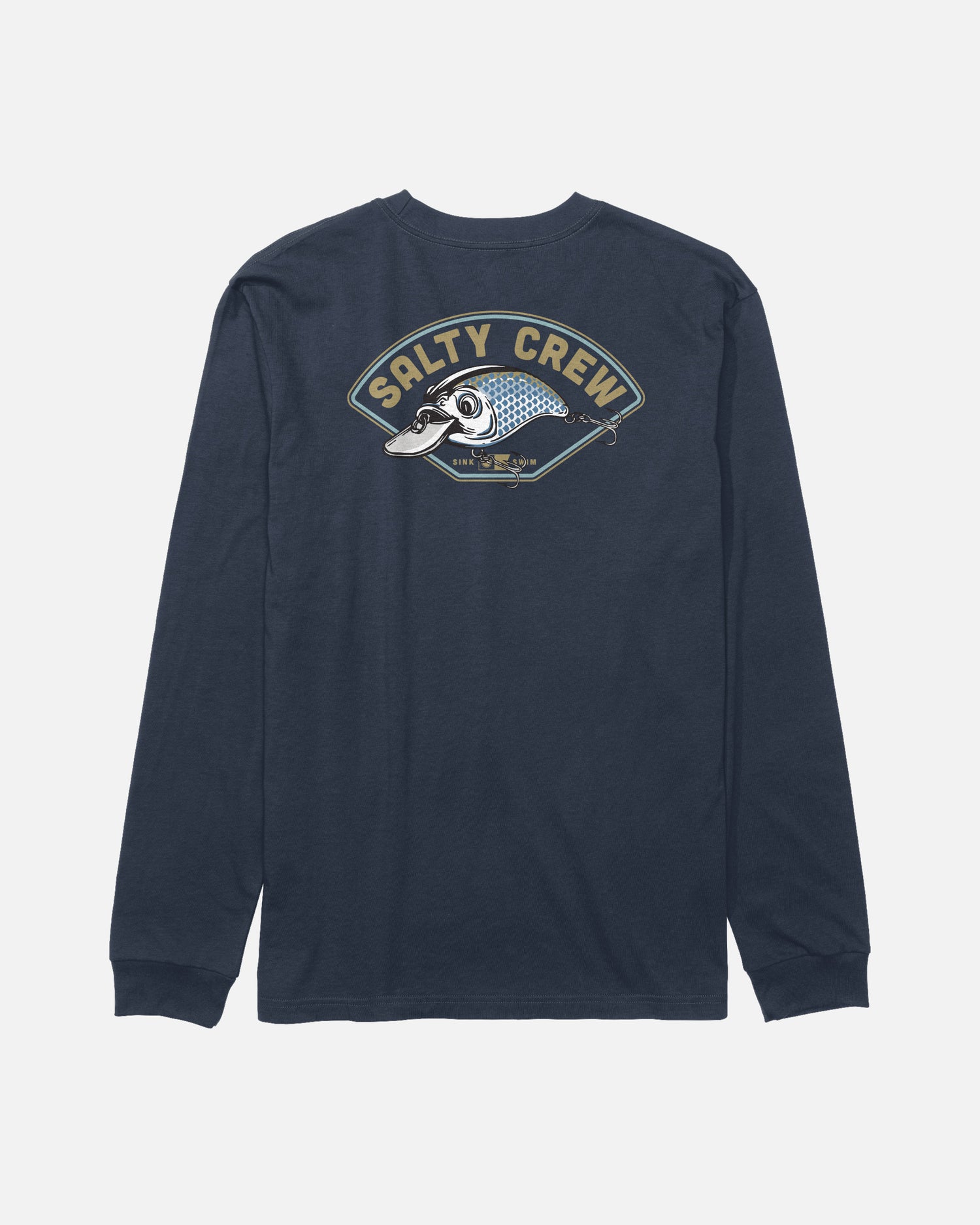 The Catch Me Boys Long Sleeve Tee by Salty Crew is a navy blue, combed ringspun cotton t-shirt featuring a screenprinted fish graphic and Salty Crew text on the back.