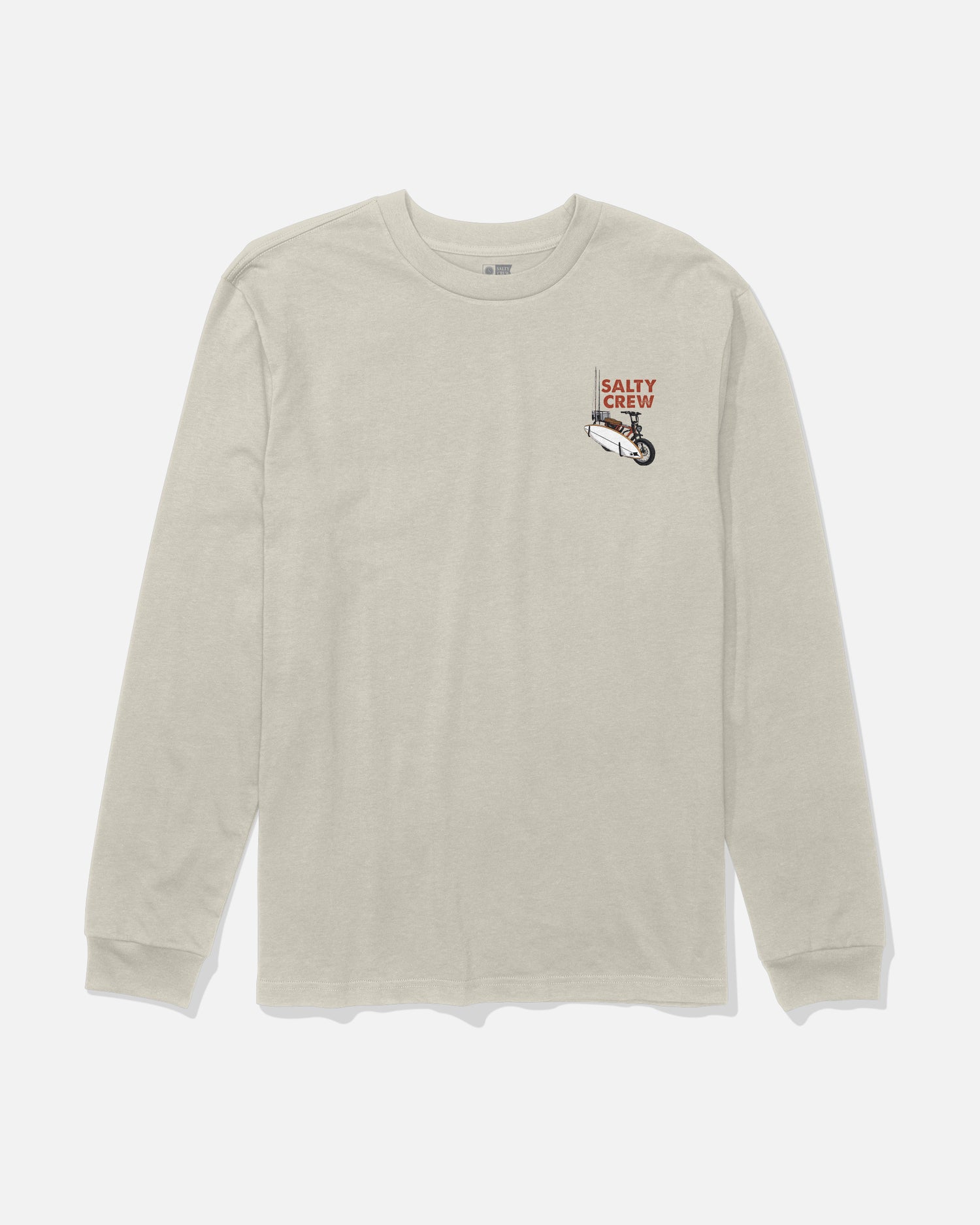 The Salty Crew Beach Cruiser Boys Long Sleeve Tee in Bone is a beige long-sleeve shirt made from combed ringspun cotton, featuring a small screenprinted Salty Crew logo and fish graphic on the left chest. The tee is displayed laid flat against a white background.