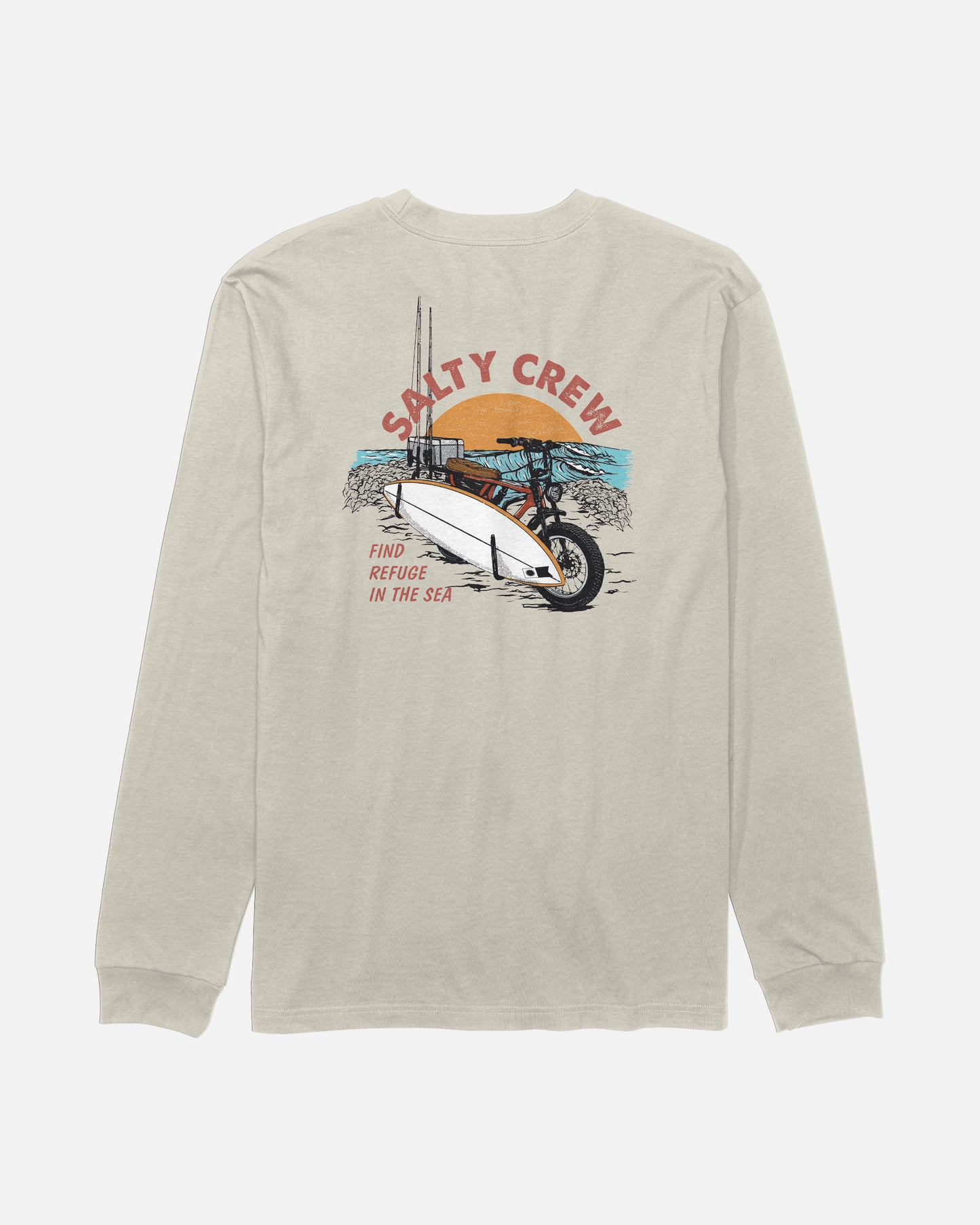 Salty Crew Beach Cruiser Boys Long Sleeve Tee in Bone, featuring a screenprinted graphic of a bike carrying surfboards with a sunset and ocean, and text that reads “SALTY CREW” and “FIND REFUGE IN THE SEA.”.