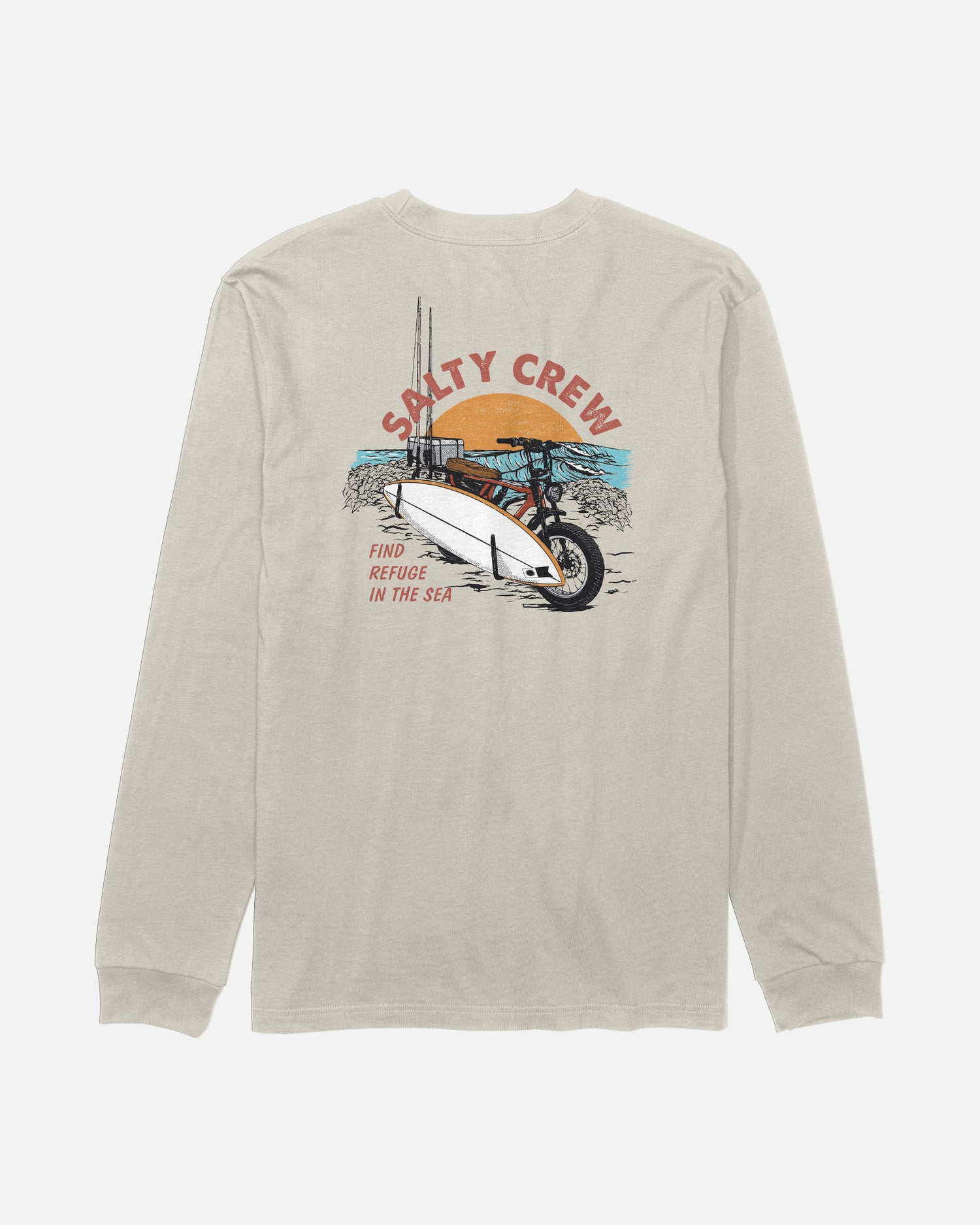 Salty Crew Beach Cruiser Boys Long Sleeve Tee in Bone, featuring a screenprinted graphic of a bike carrying surfboards with a sunset and ocean, and text that reads “SALTY CREW” and “FIND REFUGE IN THE SEA.”.