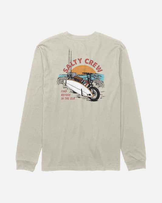 Salty Crew Beach Cruiser Boys Long Sleeve Tee in Bone, featuring a screenprinted graphic of a bike carrying surfboards with a sunset and ocean, and text that reads “SALTY CREW” and “FIND REFUGE IN THE SEA.”.