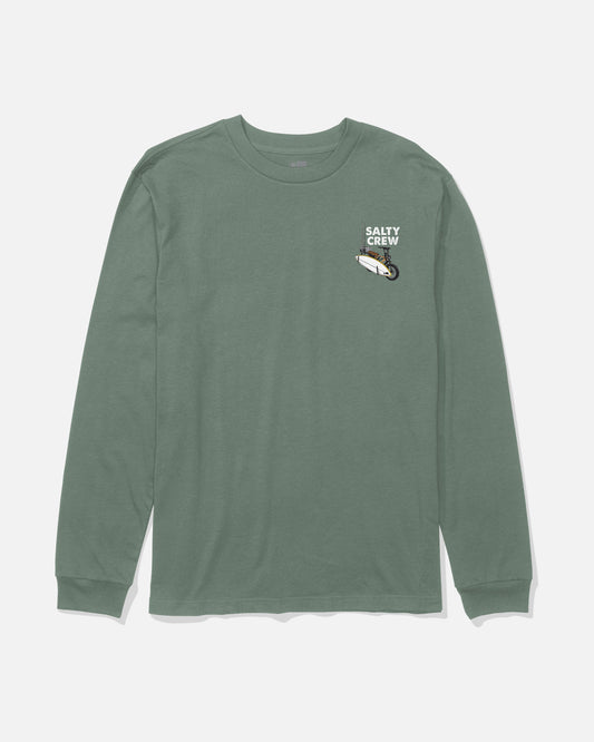 The Salty Crew Beach Cruiser Boys Long Sleeve Tee in Laurel Wreath features a small logo and fish graphic screenprinted on the left chest, and is made from soft combed ringspun cotton for lasting comfort.