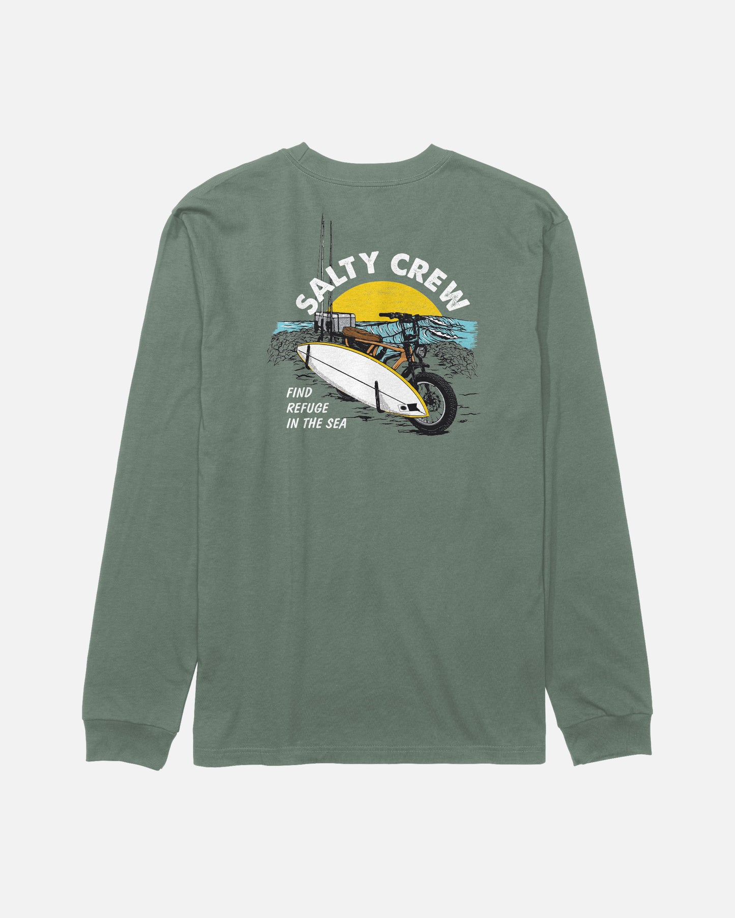The Salty Crew Beach Cruiser Boys Long Sleeve Tee in Laurel Wreath is a green, combed ringspun cotton t-shirt featuring a screenprinted graphic of a small boat on the water, a yellow sun, and the text “SALTY CREW” above with “FIND REFUGE IN THE SEA” below the image on the back.