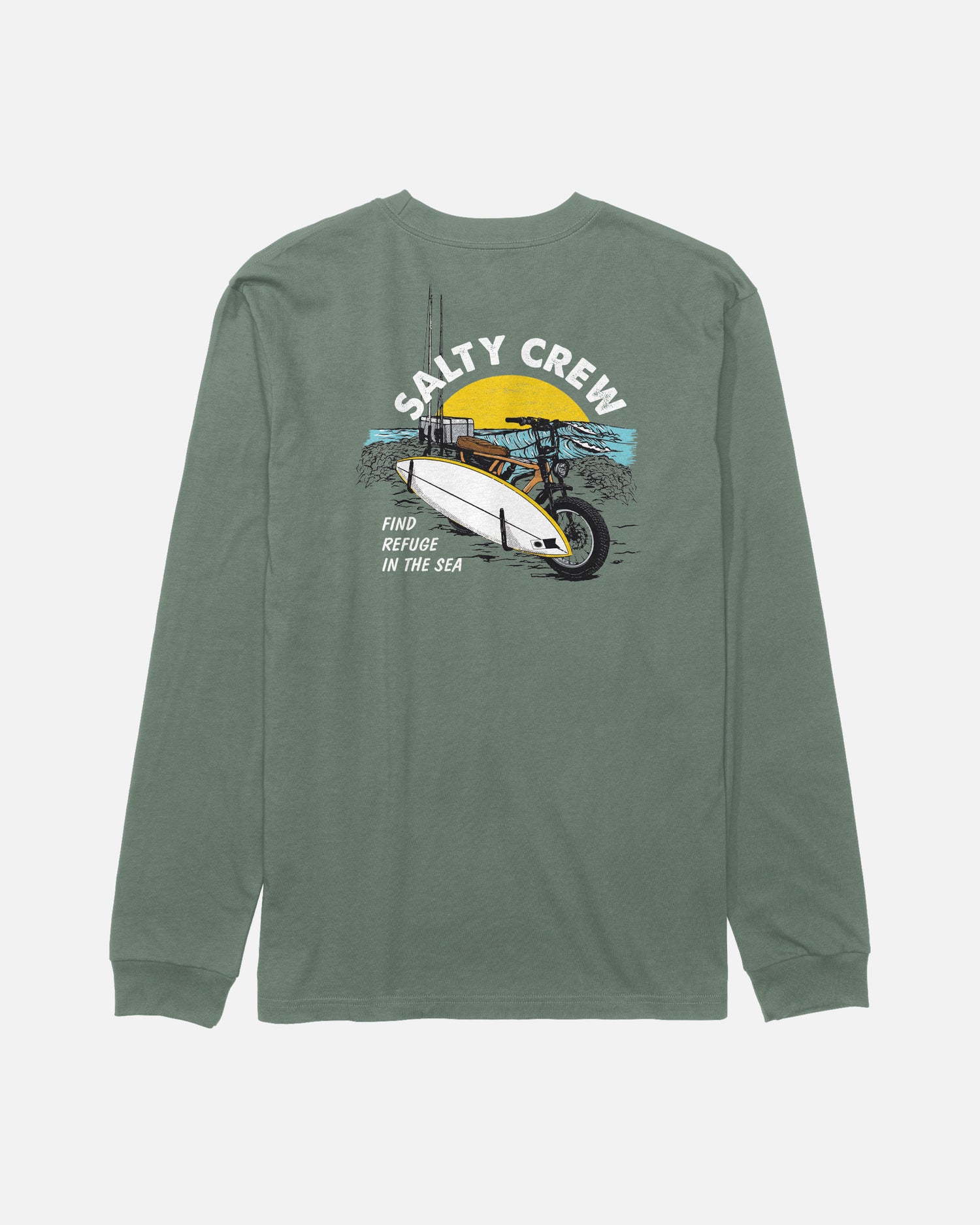 The Salty Crew Beach Cruiser Boys Long Sleeve Tee in Laurel Wreath is a green, combed ringspun cotton t-shirt featuring a screenprinted graphic of a small boat on the water, a yellow sun, and the text “SALTY CREW” above with “FIND REFUGE IN THE SEA” below the image on the back.