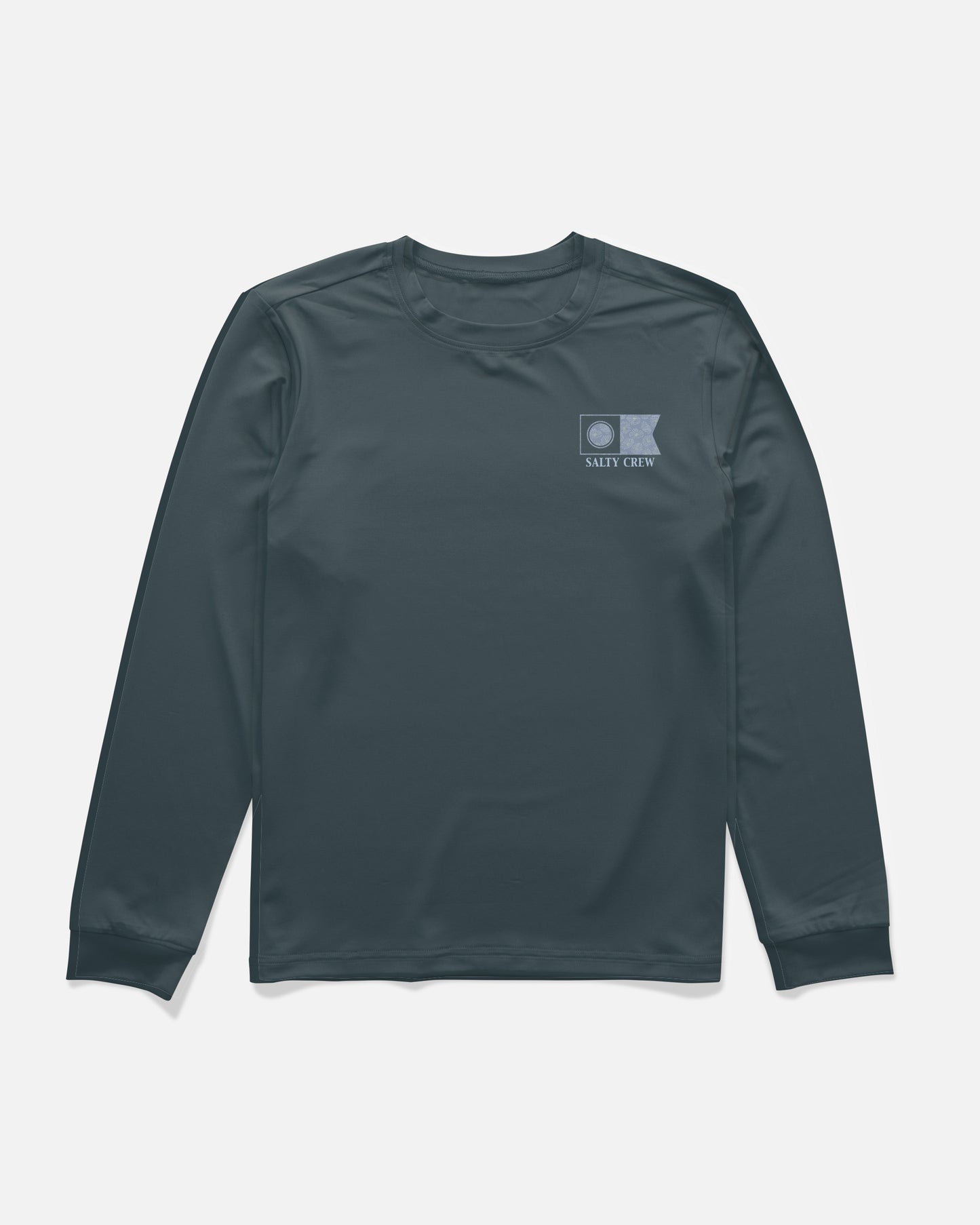 The Salty Crew Flagship Fill Boys Long Sleeve Sunshirt in navy is made from lightweight 4-way stretch fabric for moisture-wicking comfort and UPF 50+ sun protection. It features a small Salty Crew logo and flag graphic on the left chest, shown here on a plain white background.