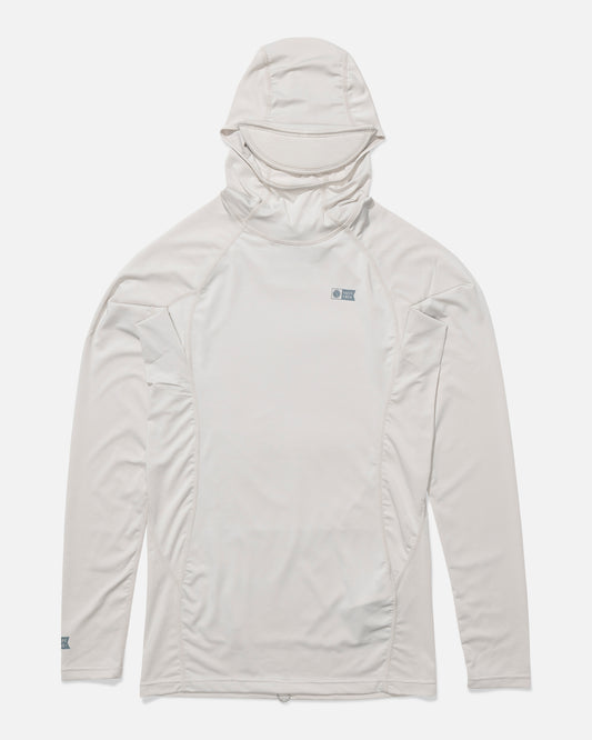 Front view of the Apex Hood Surf Rashguard - Light Grey. 