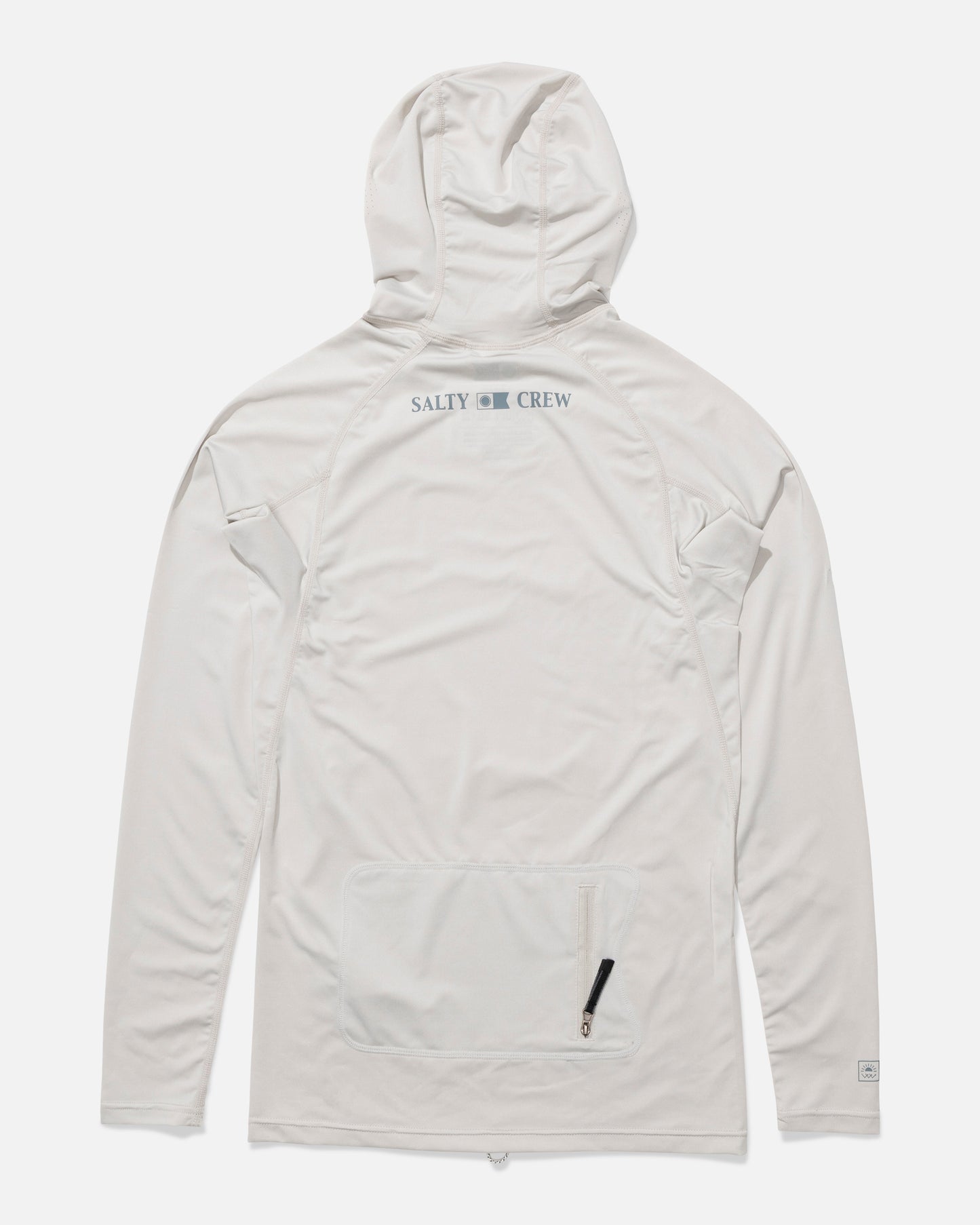 Back view of the Apex Hood Surf Rashguard - Light Grey. 