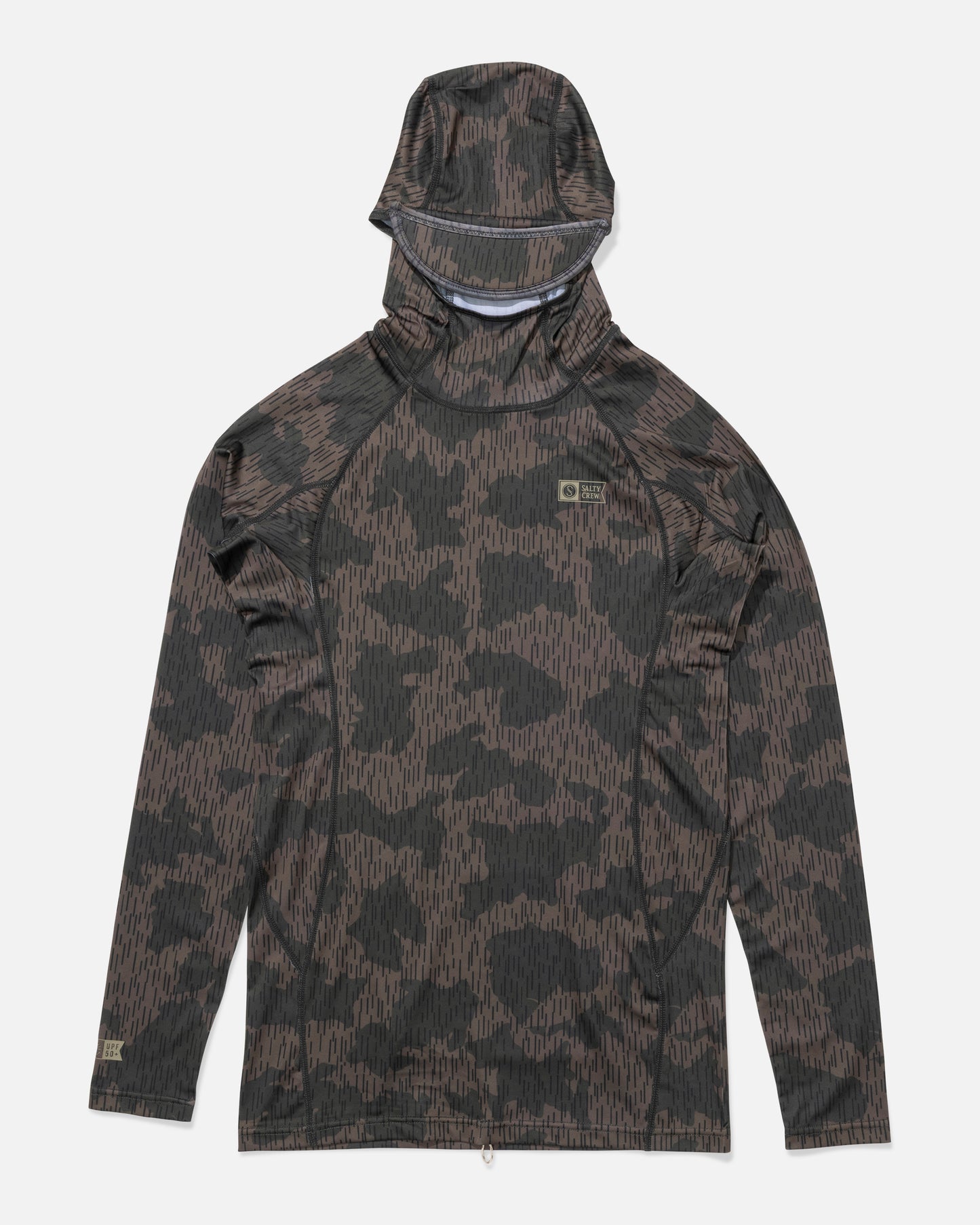 Front view of the Apex Hood Surf Rashguard - Recon Camo. 