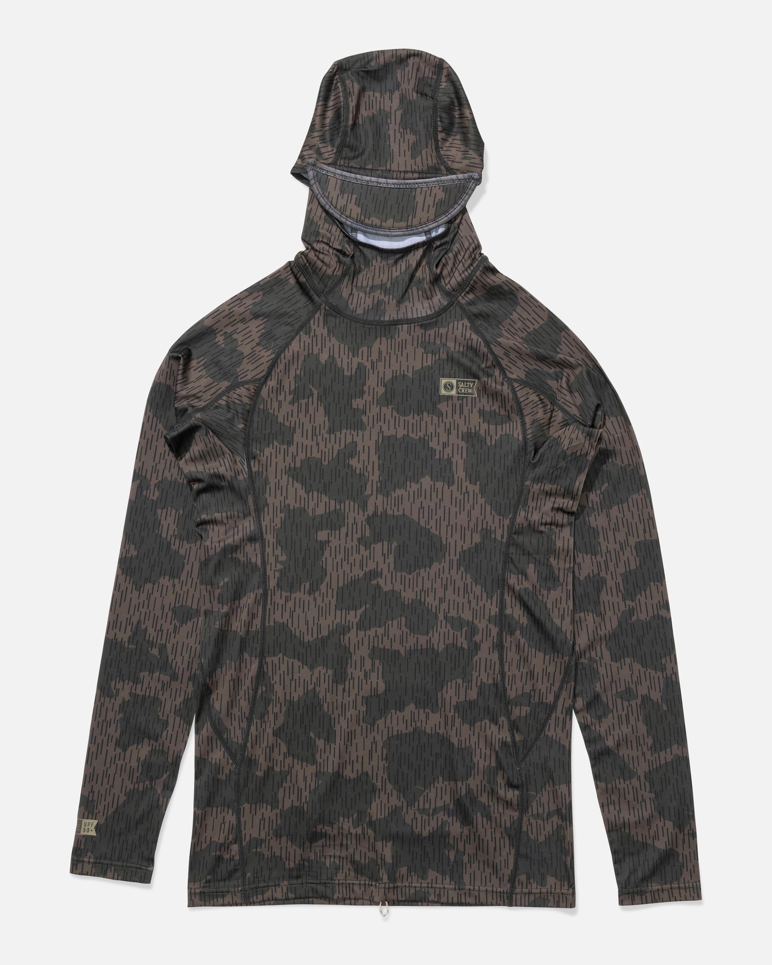Front view of the Apex Hood Surf Rashguard - Recon Camo. 