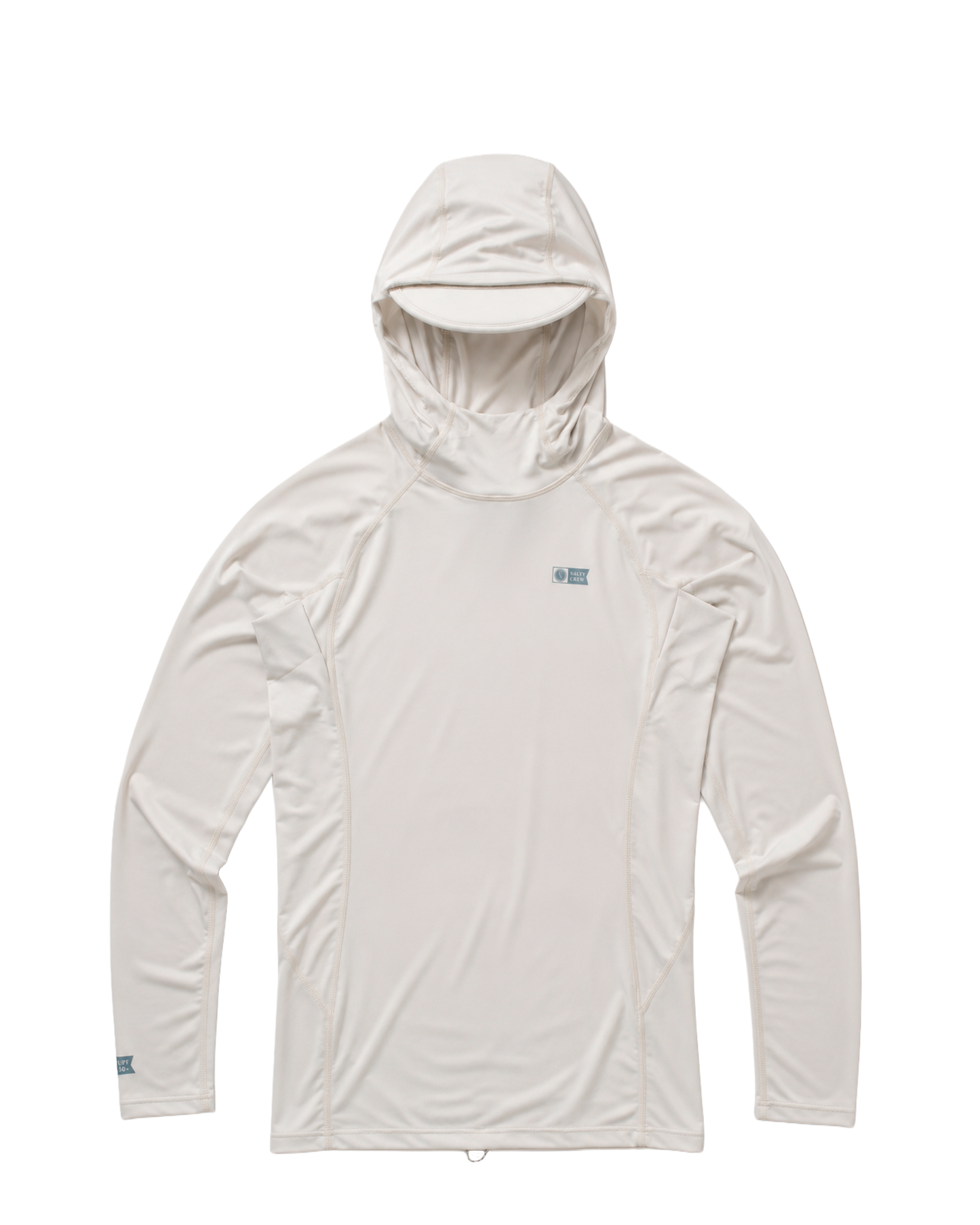 A light grey, long-sleeved Apex Hooded Rashguard from Salty Crew is laid flat on a white background. Designed as a lightweight surf hoodie, this shirt features minimal seams and a small logo on the upper left chest. Its UPF 50+ sun protection and moisture-wicking properties make it ideal for active days outdoors.