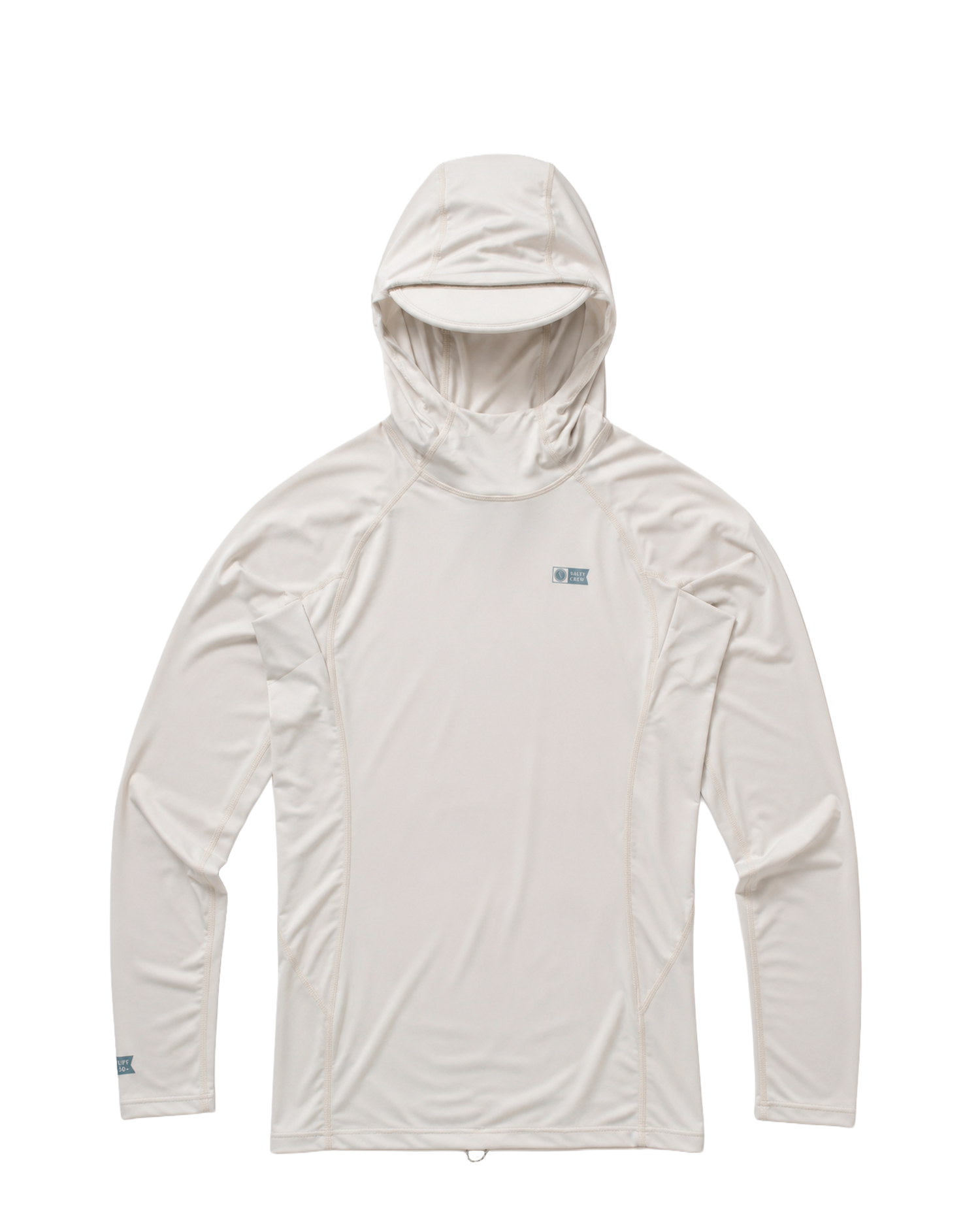 A light grey, long-sleeved Apex Hooded Rashguard from Salty Crew is laid flat on a white background. Designed as a lightweight surf hoodie, this shirt features minimal seams and a small logo on the upper left chest. Its UPF 50+ sun protection and moisture-wicking properties make it ideal for active days outdoors.