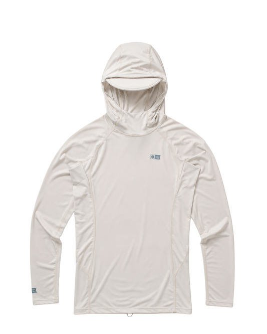 A light grey, long-sleeved Apex Hooded Rashguard from Salty Crew is laid flat on a white background. Designed as a lightweight surf hoodie, this shirt features minimal seams and a small logo on the upper left chest. Its UPF 50+ sun protection and moisture-wicking properties make it ideal for active days outdoors.