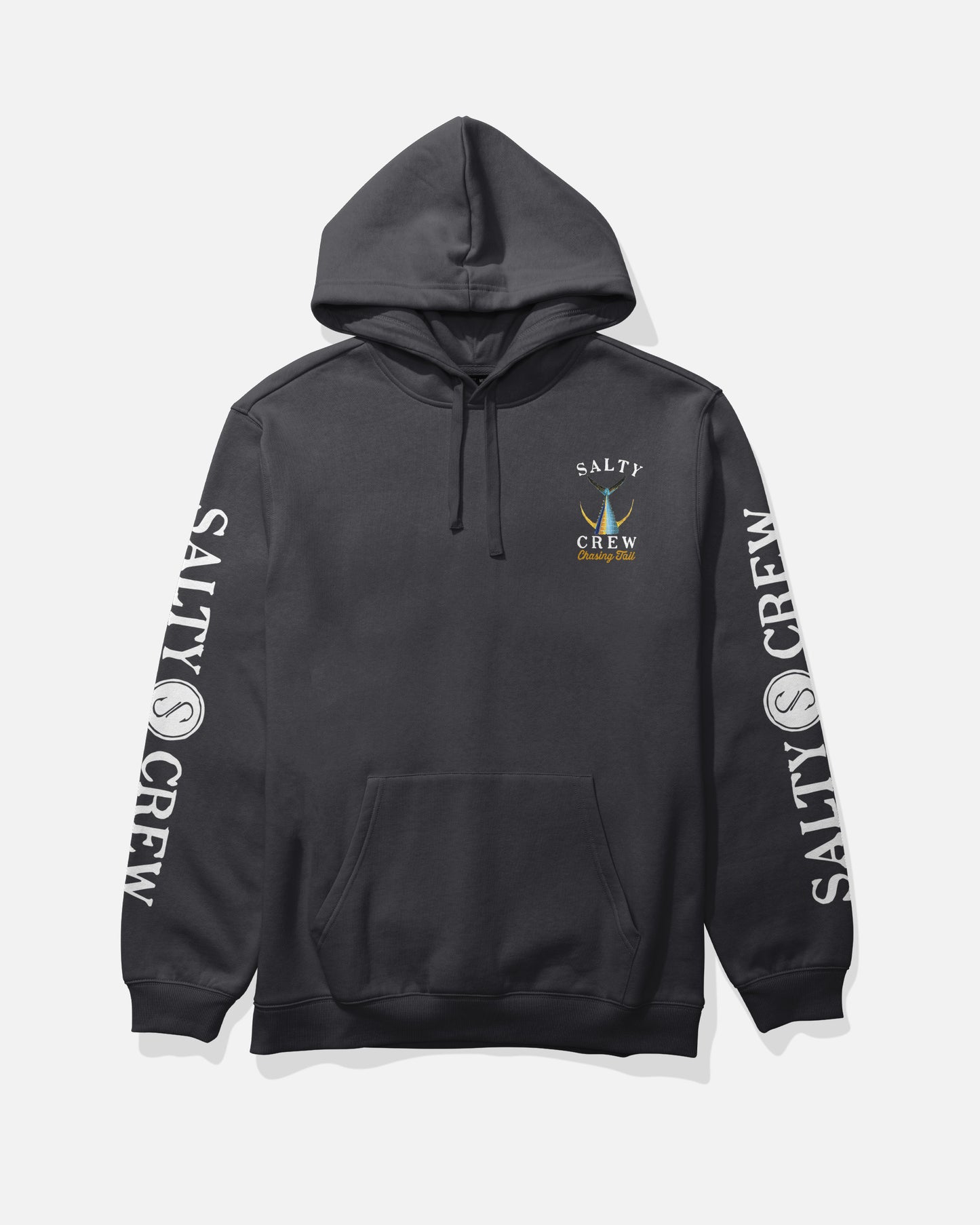 The Salty Crew Tailed Fleece Hoodie in black features white SALTY CREW print on both sleeves, a small colorful marlin logo with SALTY CREW text on the left chest, plus a classic kangaroo pocket and drawcord hood.