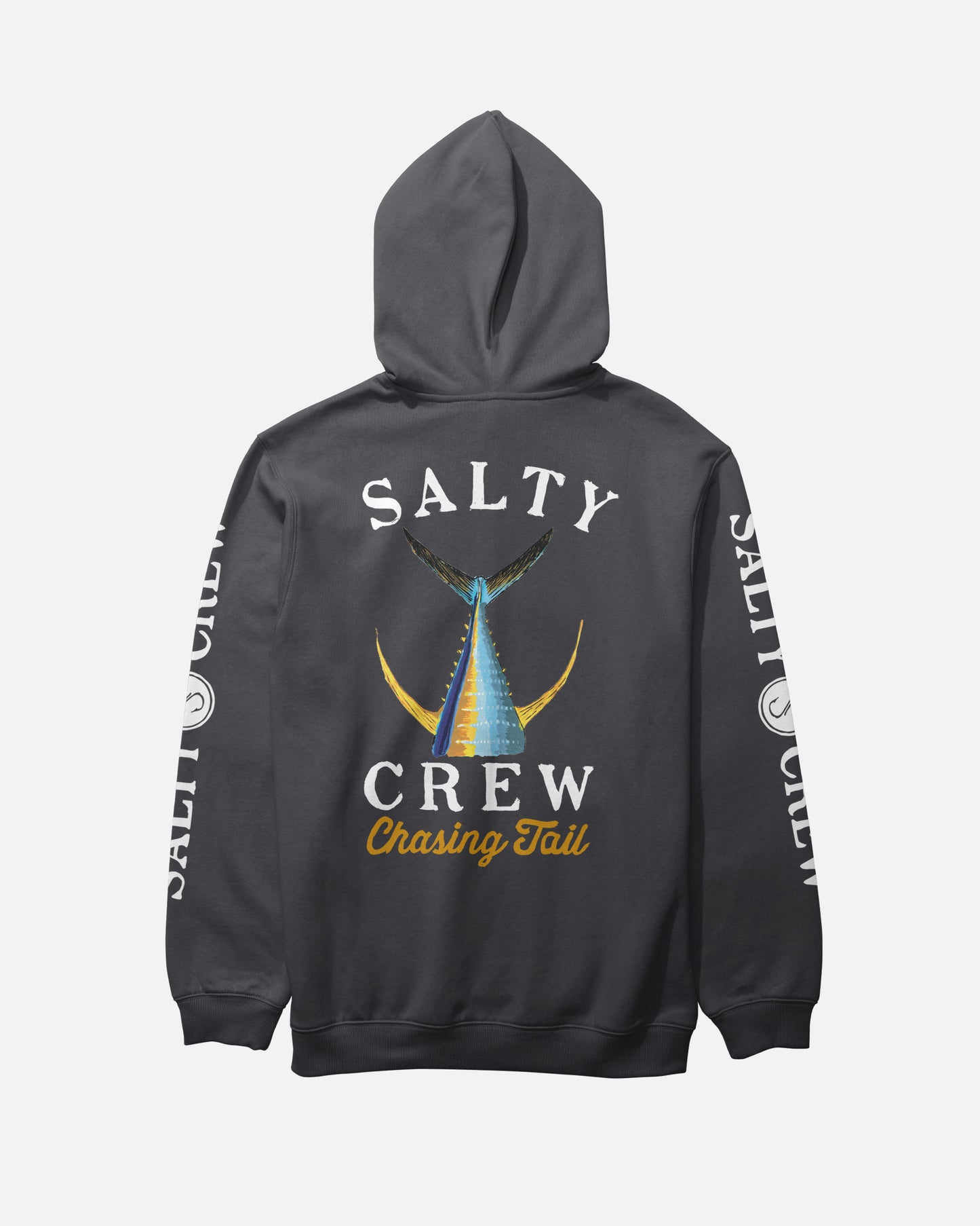 The Salty Crew Tailed Fleece Hoodie - Black features a dark gray hood, kangaroo pocket, white SALTY CREW sleeve prints, and a bold blue and yellow fish tail graphic with “Chasing Tail” on the back.