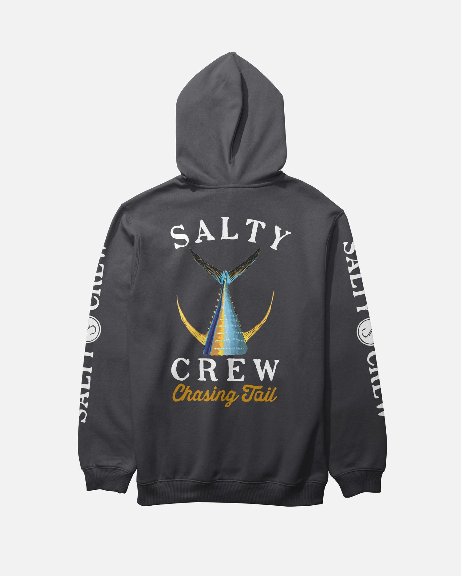 The Salty Crew Tailed Fleece Hoodie - Black features a dark gray hood, kangaroo pocket, white SALTY CREW sleeve prints, and a bold blue and yellow fish tail graphic with “Chasing Tail” on the back.