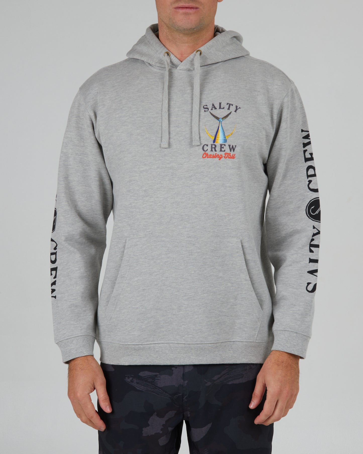 front view of Tailed Grey Heather Hood Fleece