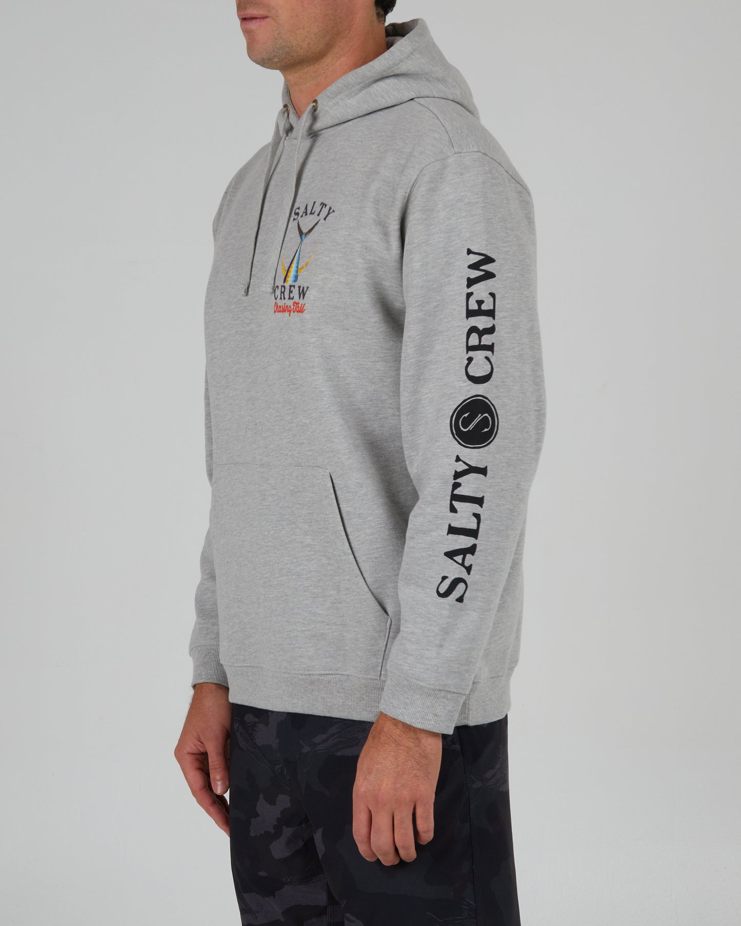 front angled view of Tailed Grey Heather Hood Fleece