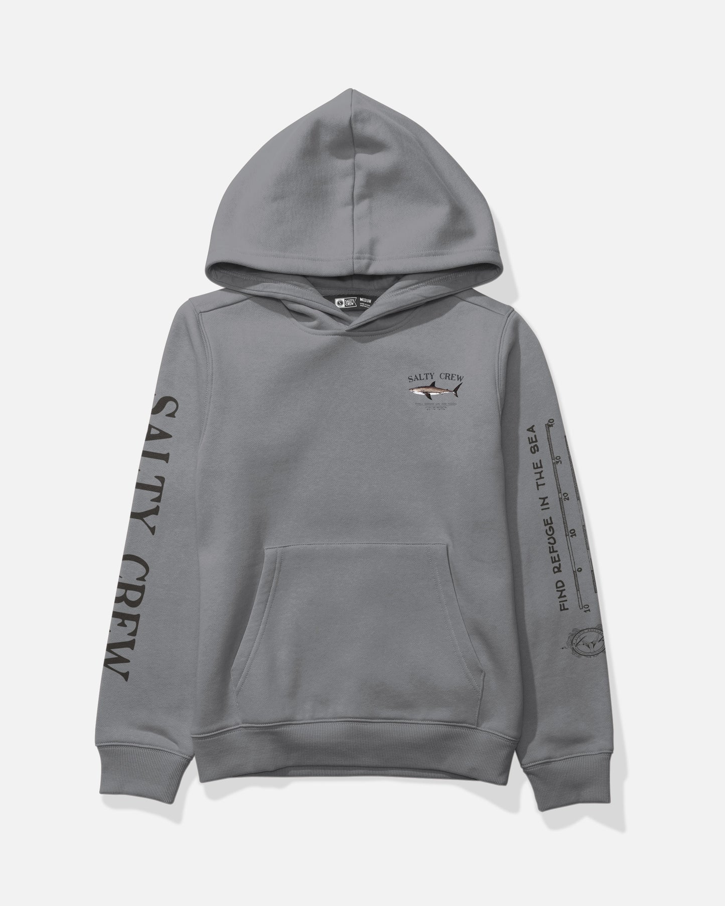 The Salty Crew Bruce Boys Fleece in Shark Skin features a “SALTY CREW” print on the left sleeve, fish logo on the chest, extra text down the right sleeve, and a cozy kangaroo pocket for comfort.