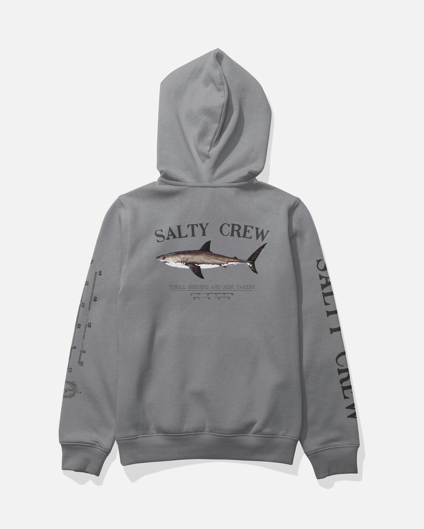 The Salty Crew Bruce Boys Fleece in Shark Skin features a large fish illustration and logo text on the back, graphics down both sleeves, and a kangaroo pocket.