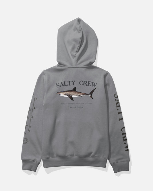 The Salty Crew Bruce Boys Fleece in Shark Skin features a large fish illustration and logo text on the back, graphics down both sleeves, and a kangaroo pocket.