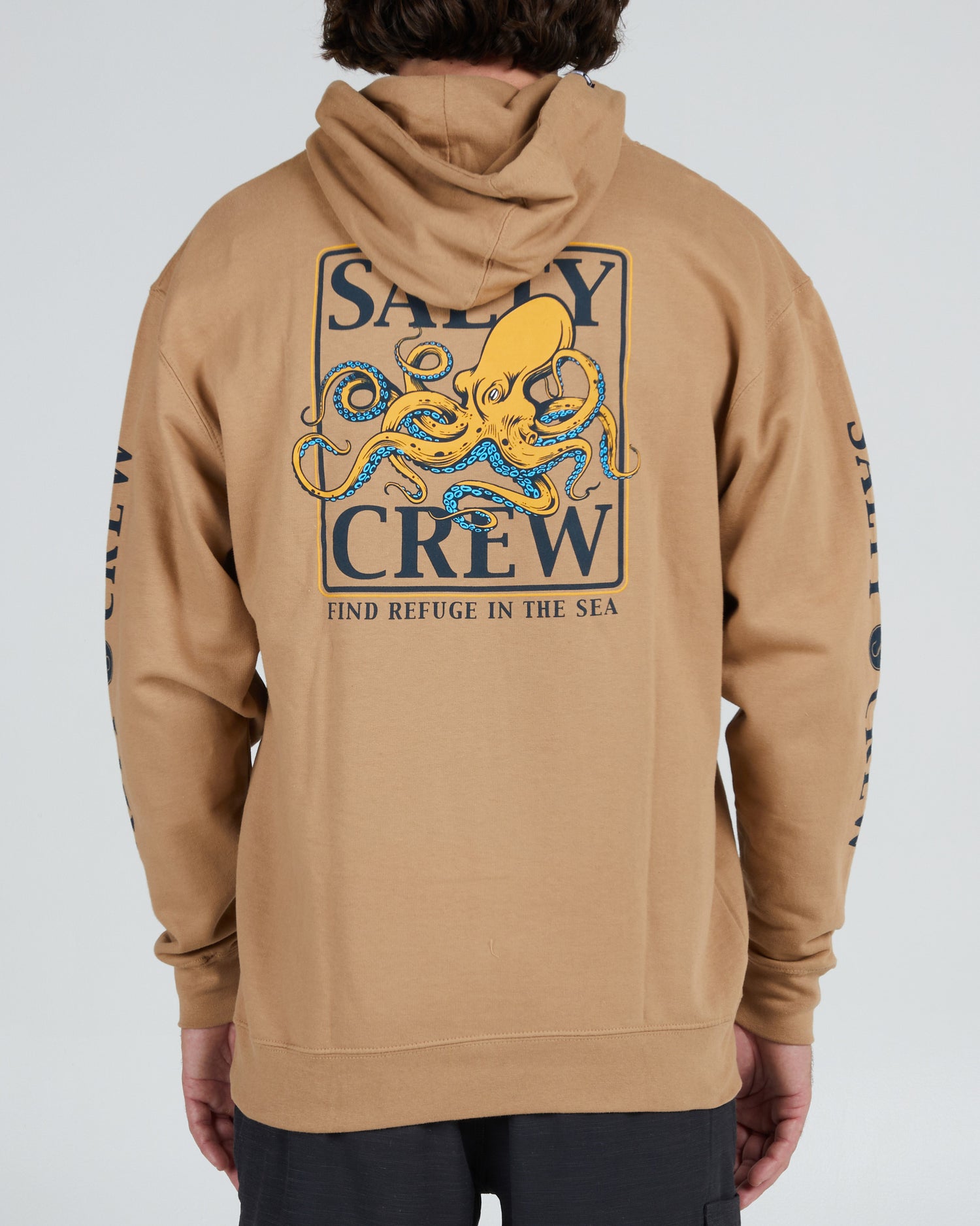 On body back of the Ink Slinger Sandstone Hood fleece