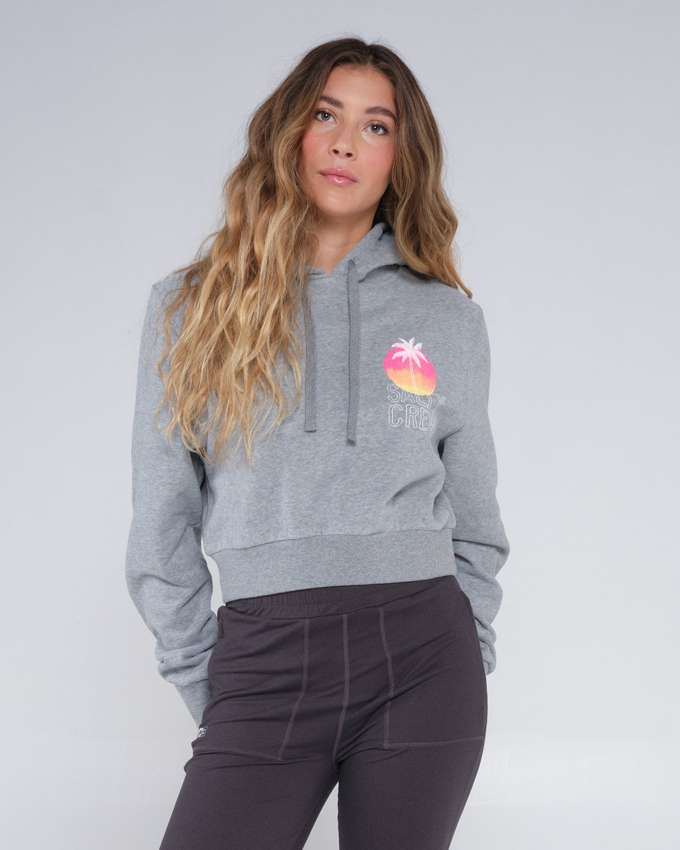 On body front of the Summer Vibe Heather Grey Crop Hoody