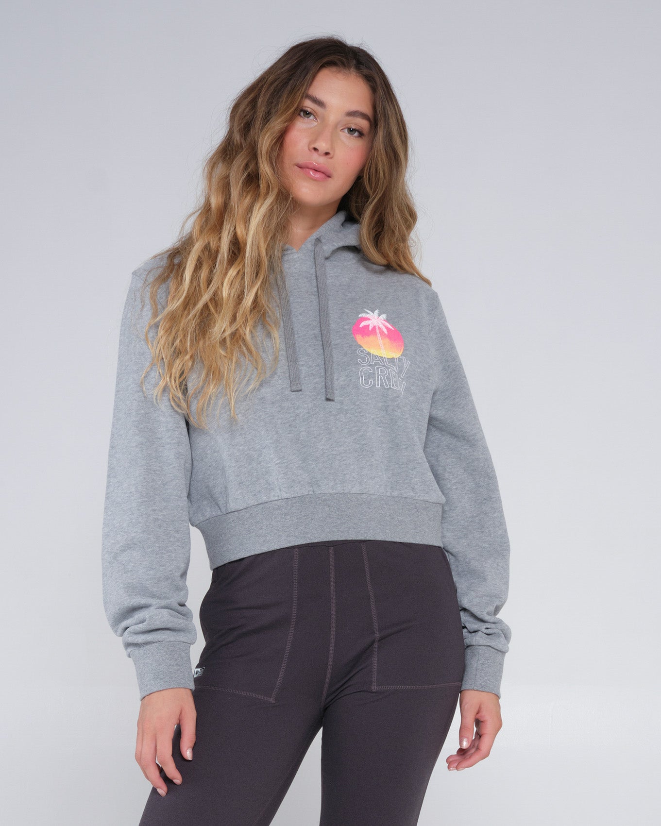 On body front of the Summer Vibe Heather Grey Crop Hoody