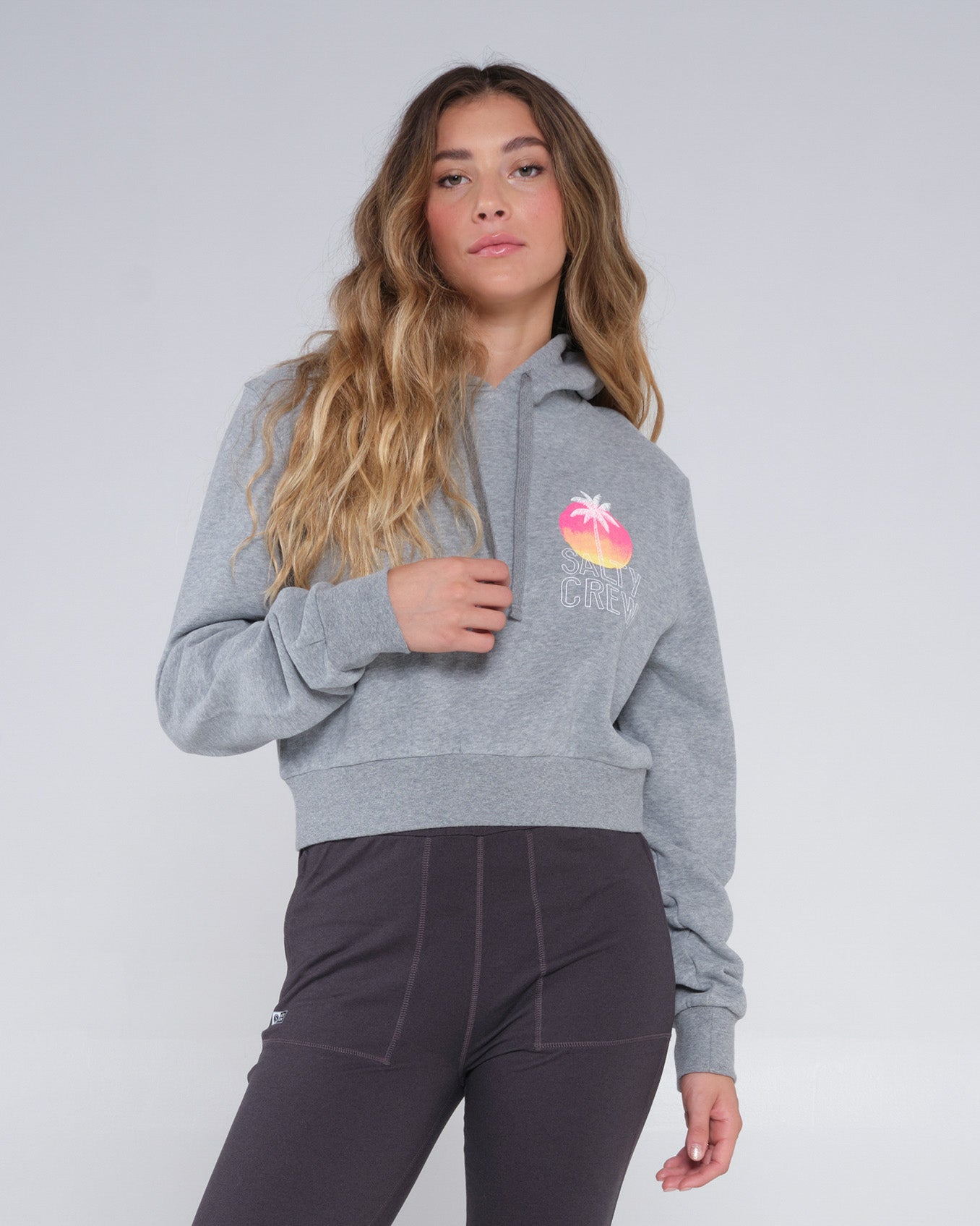 On body front of the Summer Vibe Heather Grey Crop Hoody
