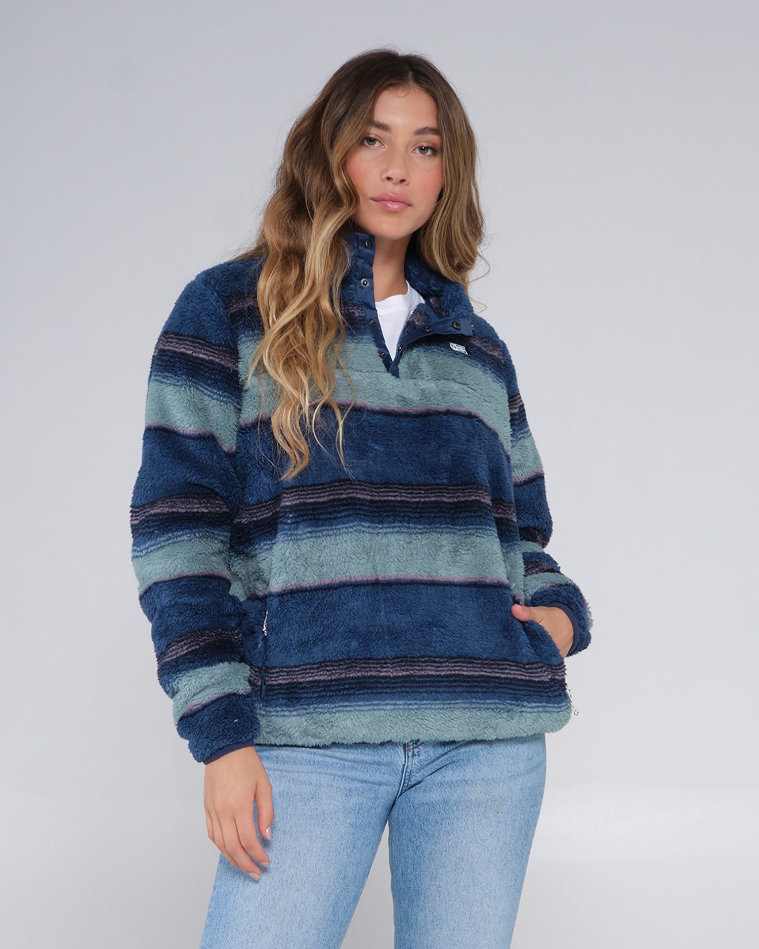On body front of the Calm Seas Blue Steel Pullover