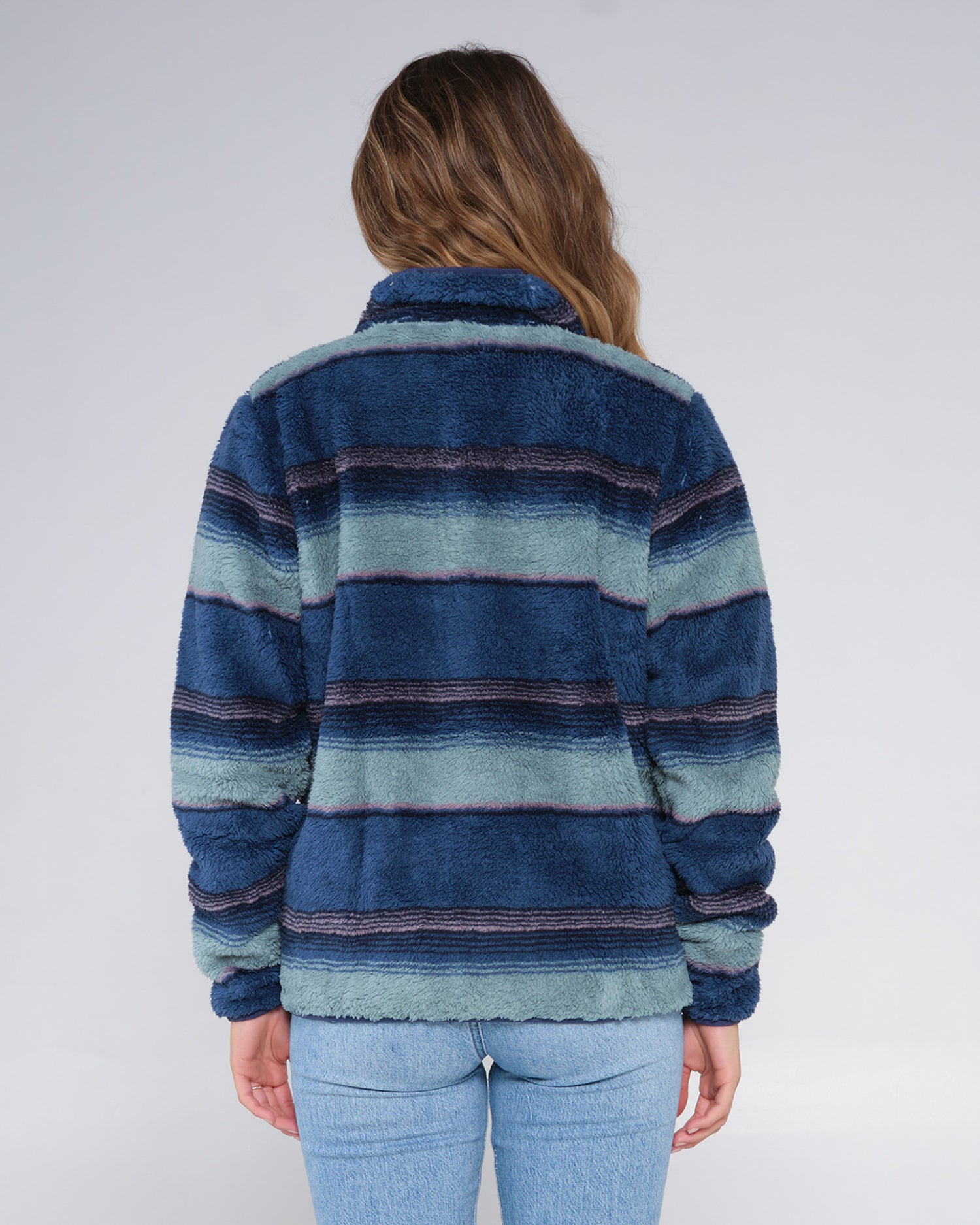 On body back of the Calm Seas Blue Steel Pullover
