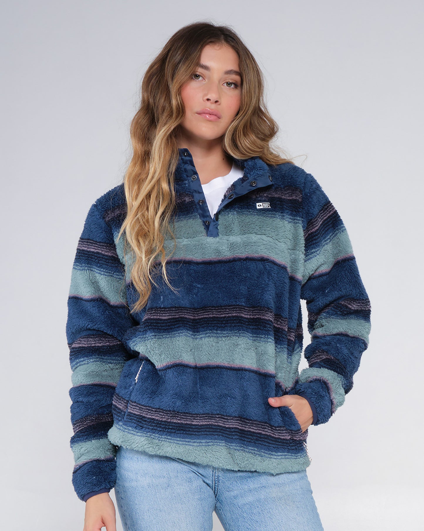 On body front of the Calm Seas Blue Steel Pullover