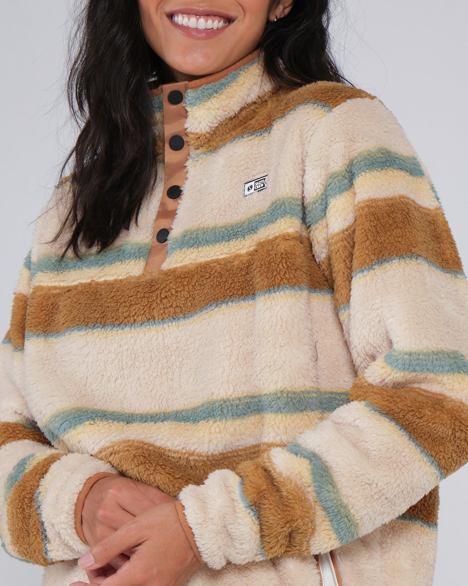 On body close up of the Calm Seas Natural Pullover