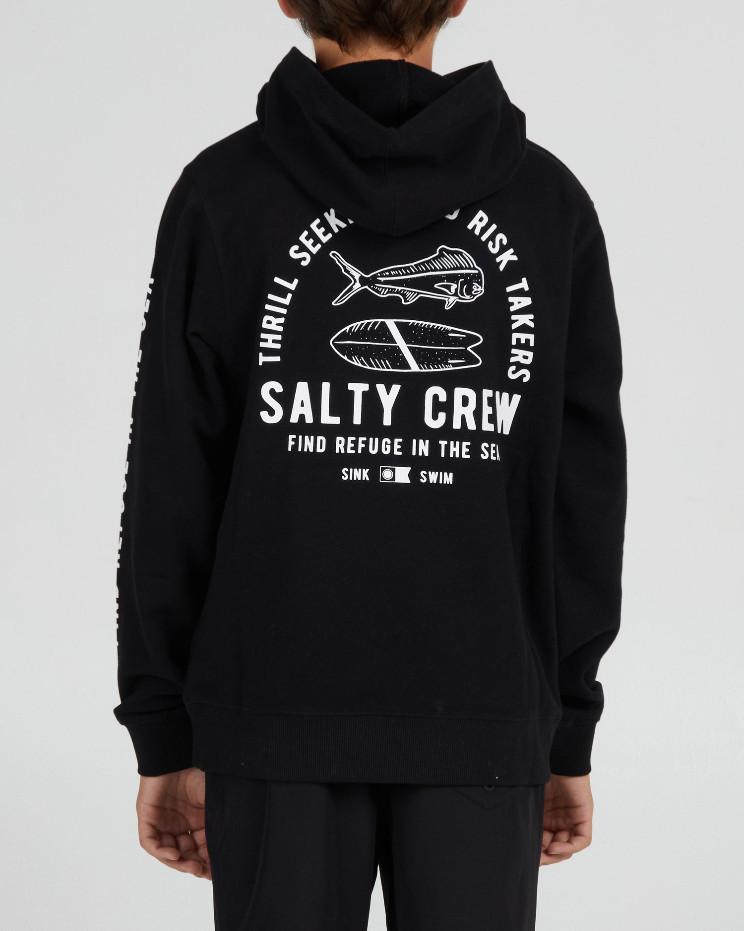 On body back of the Lateral Line Boys Black Hooded Fleece
