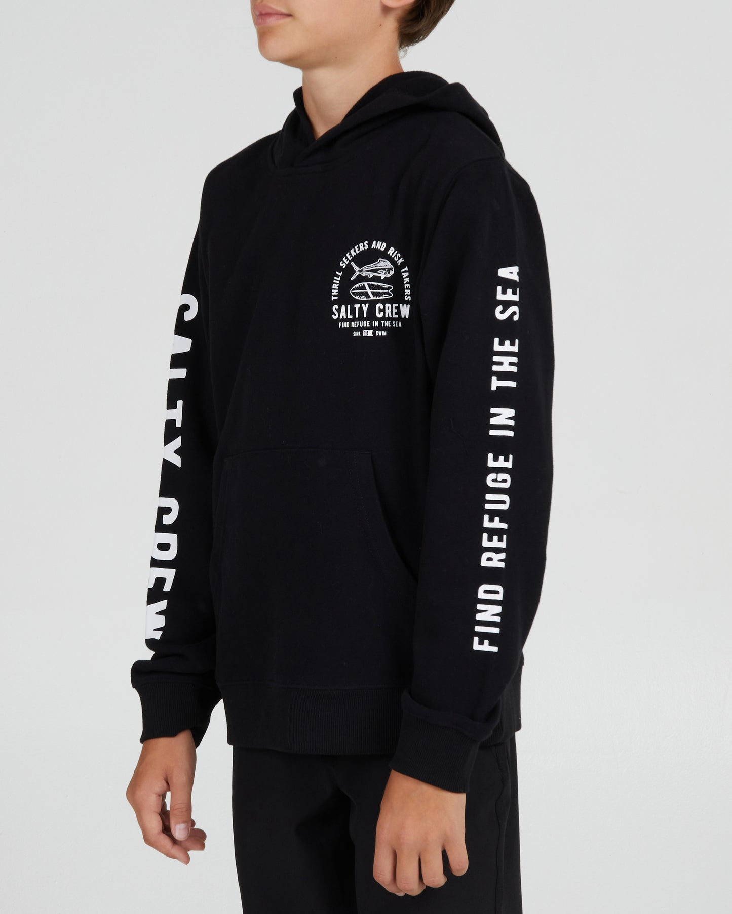 On body front angle of the Lateral Line Boys Black Hooded Fleece