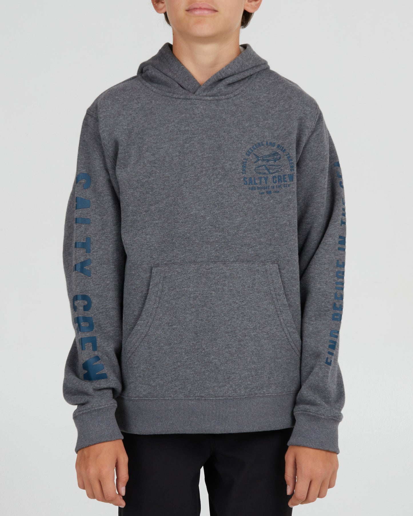 On body front of the Lateral Line Boys Gunmetal Heather Hooded Fleece